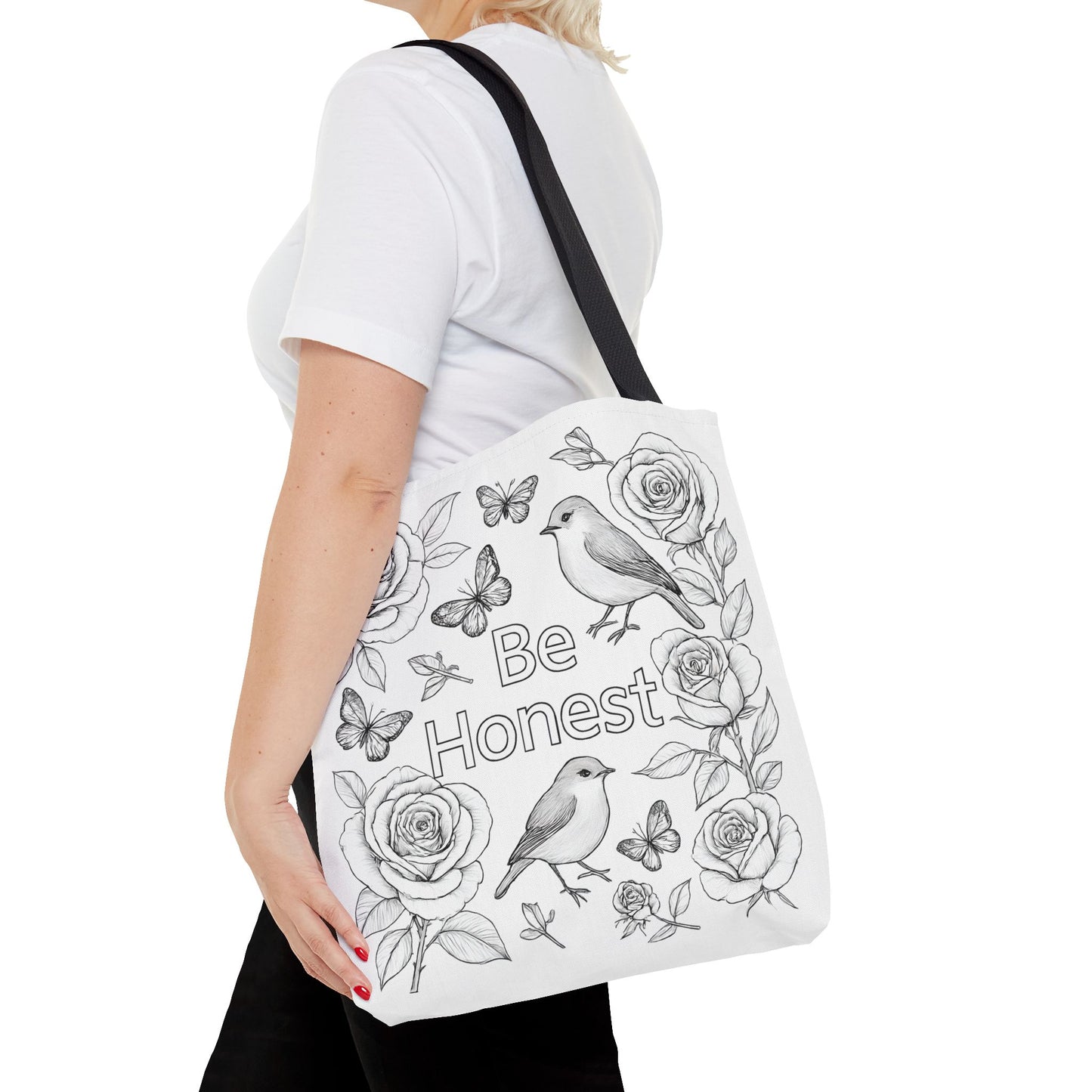 Black and White Floral Tote Bag - "Be Honest" Coloring Page Design, Eco-Friendly Shopping, Gift for Nature Lovers, Artistic Carryall, Everyday Use