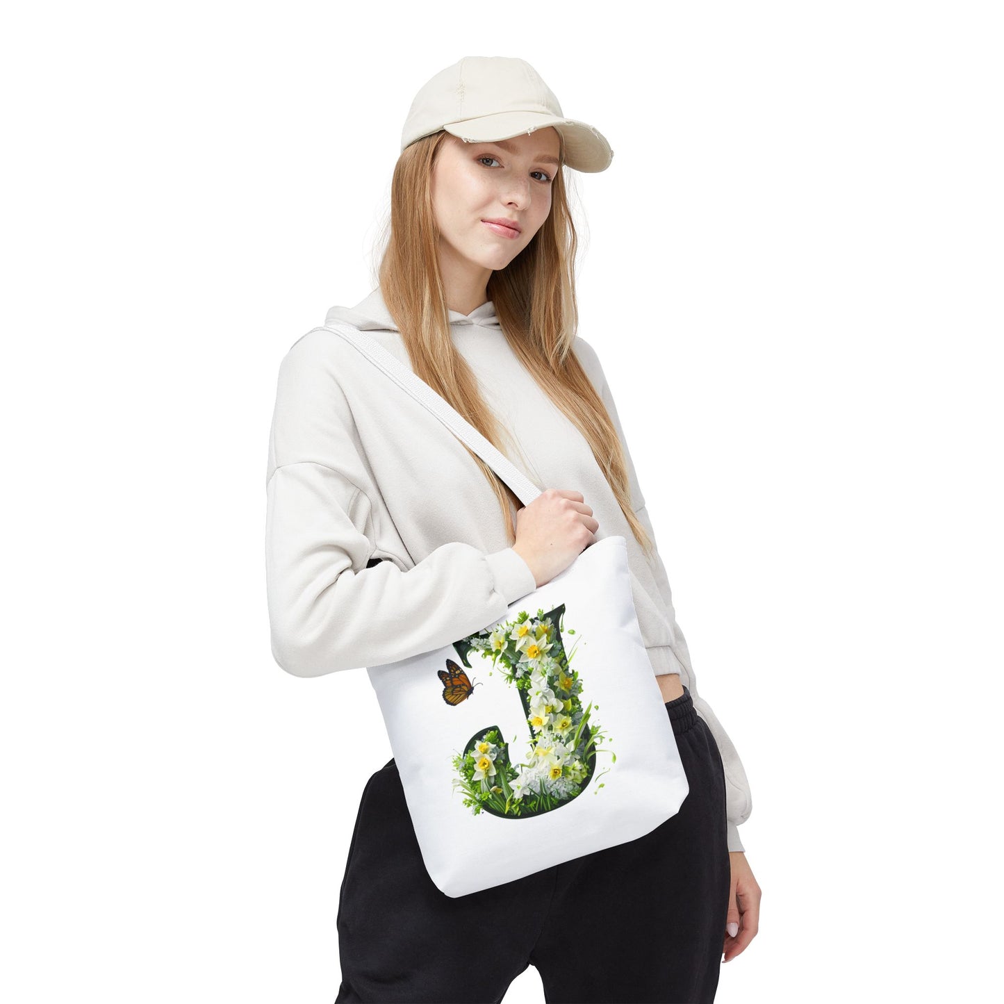 Floral Alphabet 'J' Tote Bag with Daffodils and Butterfly -Shopping & Gift Bag