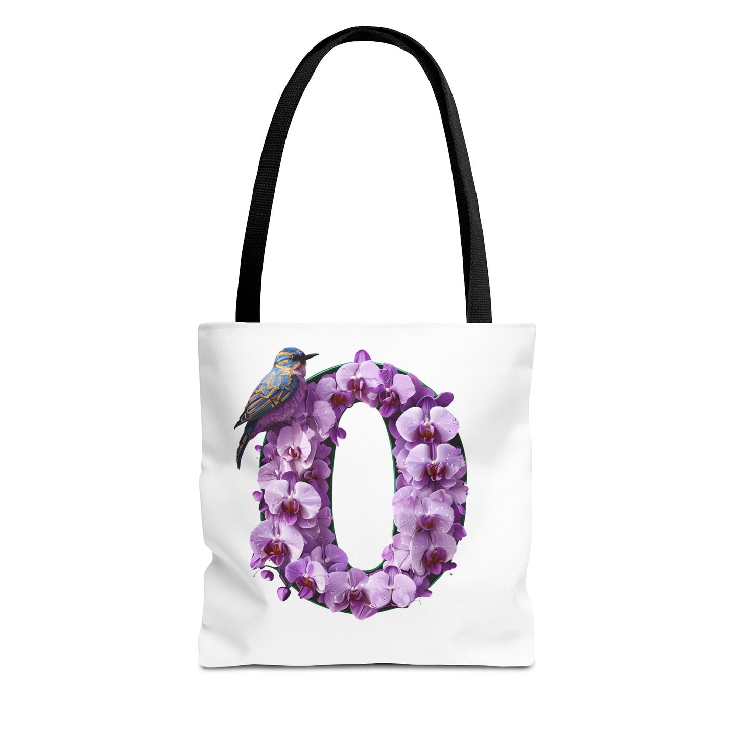 Floral Alphabet 'O' Tote Bag with Bird and Purple Flowers