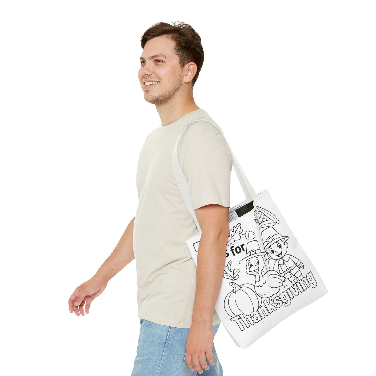 T is for Thanksgiving Coloring Page Tote Bag - Colorful Pilgrims and Turkey Design, AOP, Ideal for Holiday Gatherings, Gifts, and Crafts