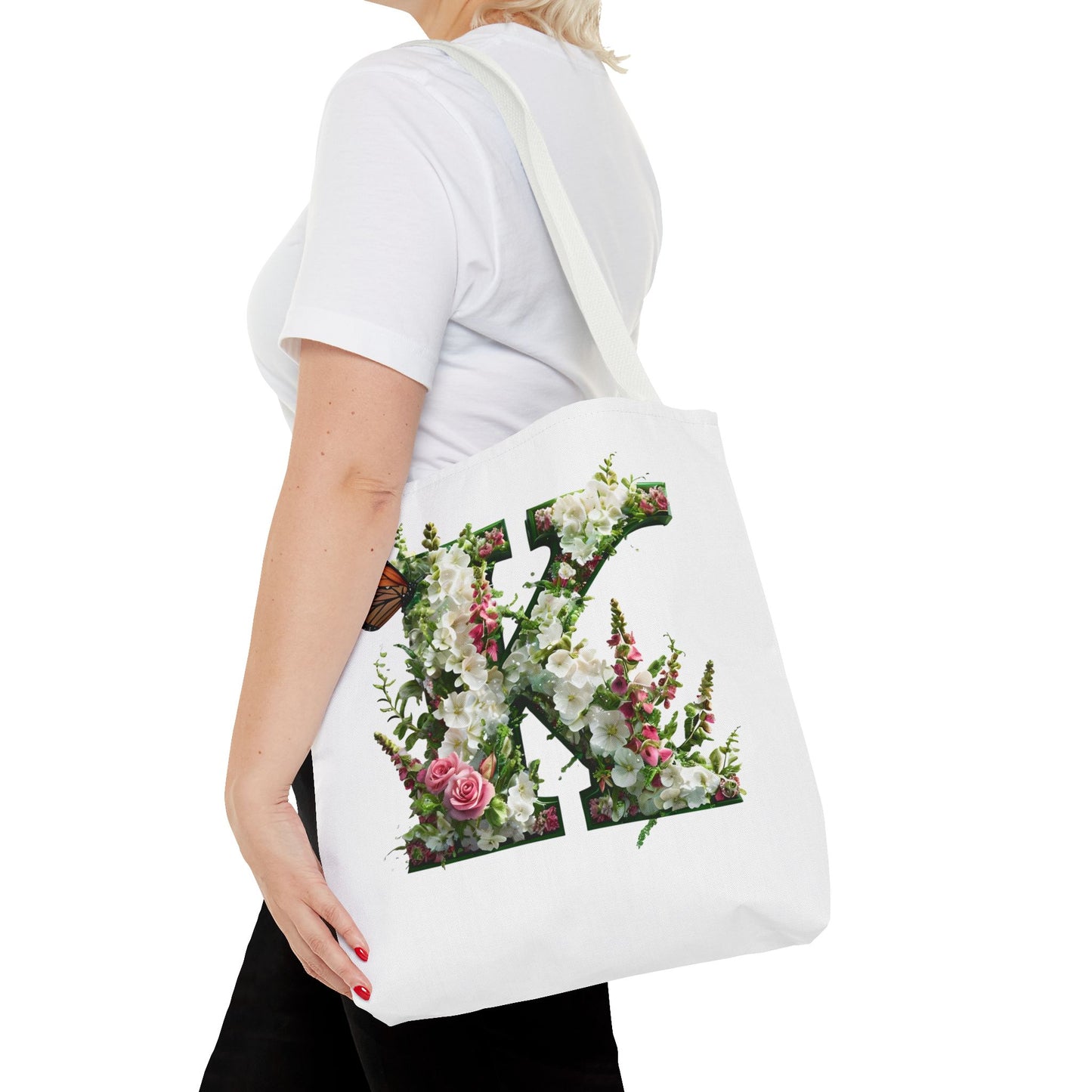 Floral Alphabet 'K' Tote Bag with Cottage Garden Flowers and Butterfly Design