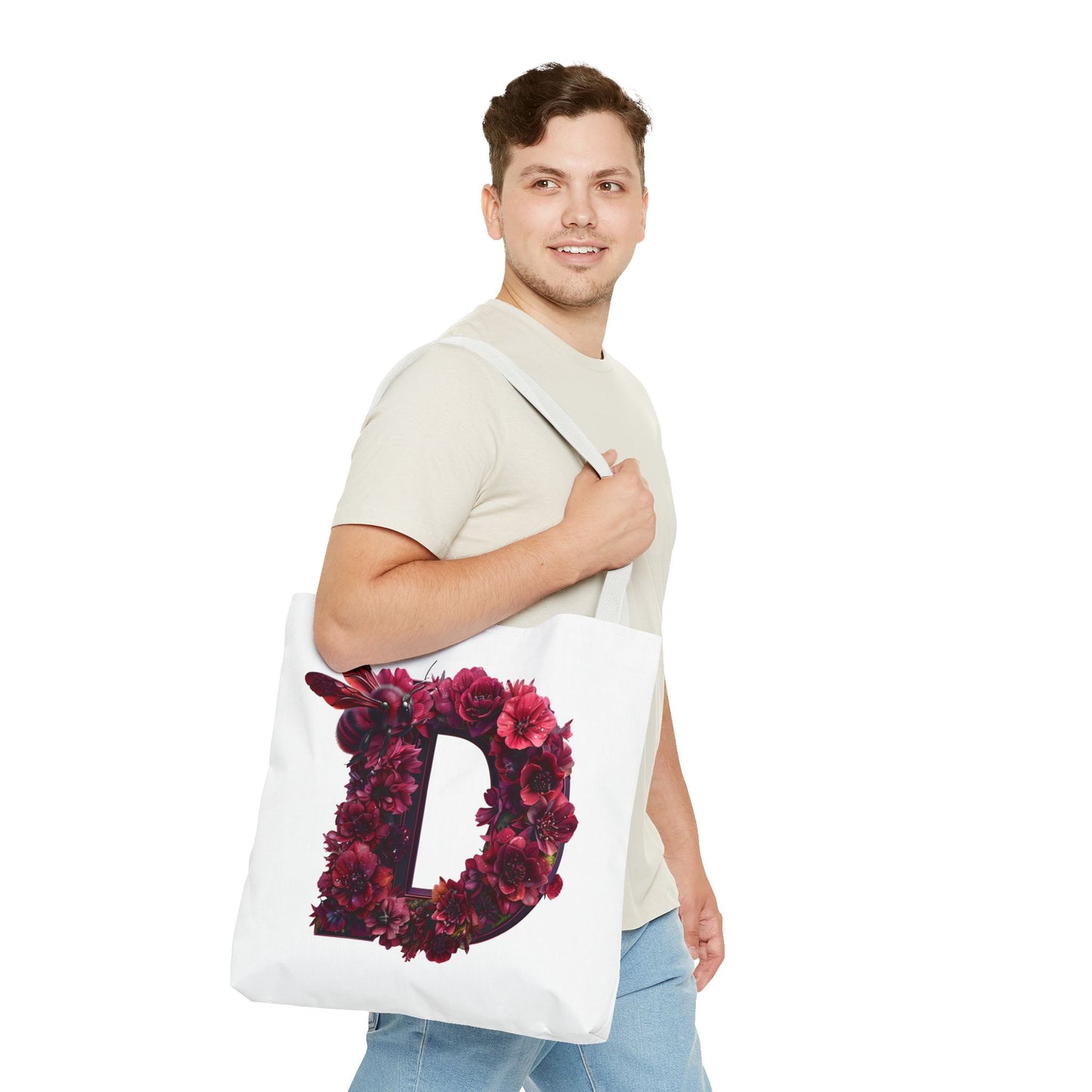 Floral Alphabet 'D' Tote Bag – Stylish Floral and Bee Design