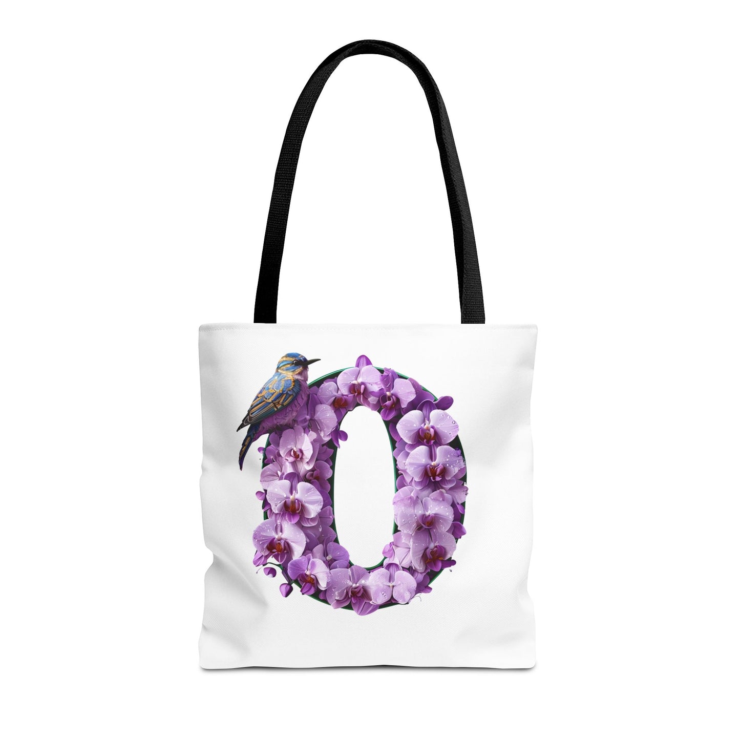 Floral Alphabet 'O' Tote Bag with Bird and Purple Flowers