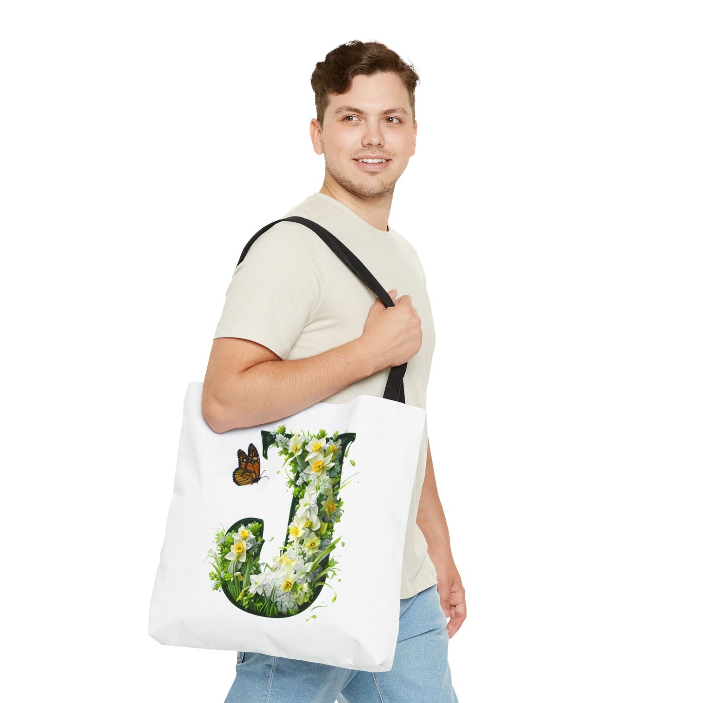 Floral Alphabet 'J' Tote Bag with Daffodils and Butterfly -Shopping & Gift Bag