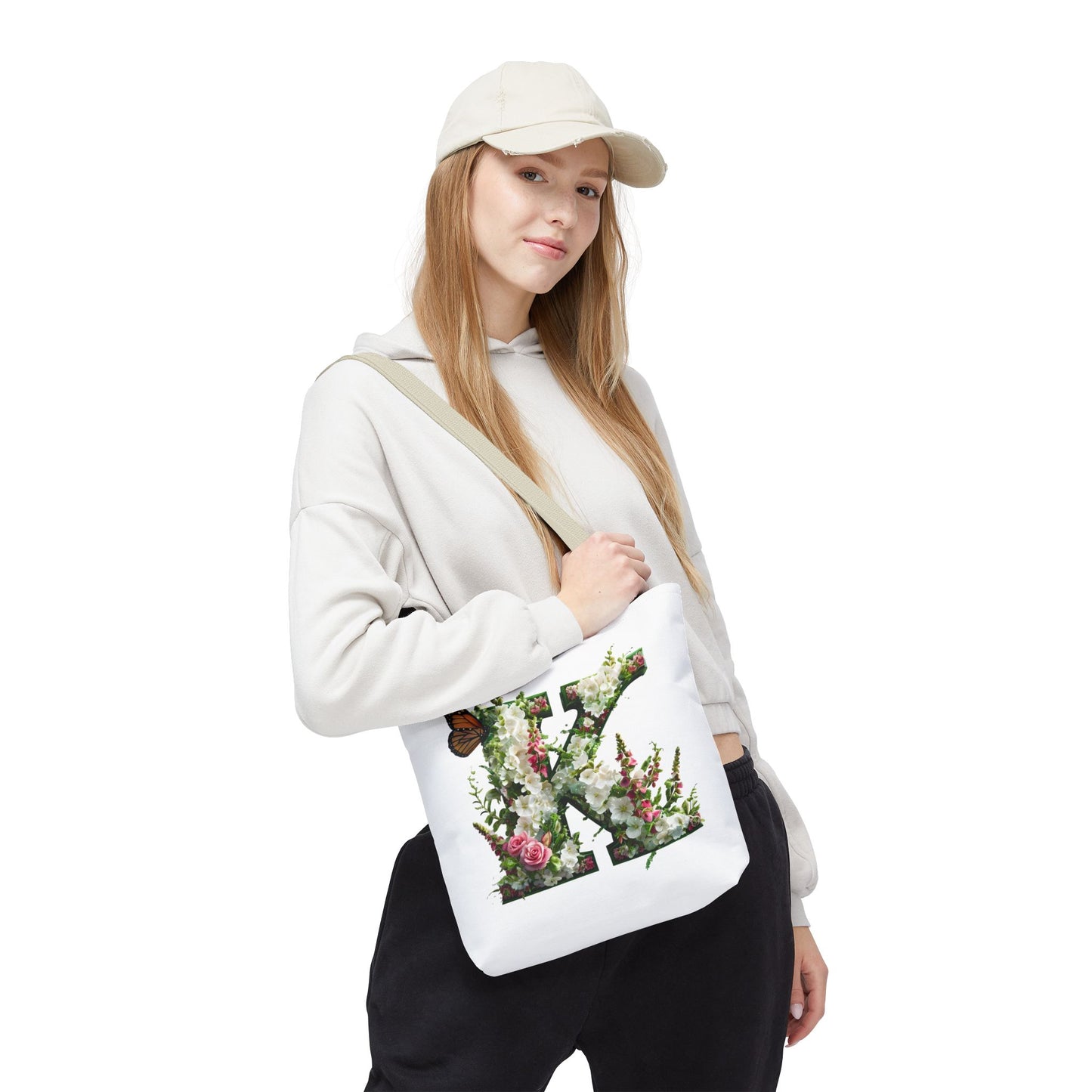 Floral Alphabet 'K' Tote Bag with Cottage Garden Flowers and Butterfly Design