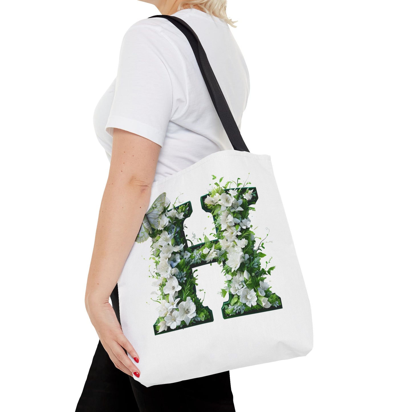 Floral Alphabet 'H' Tote Bag - Green and White Gift for Nature Lovers