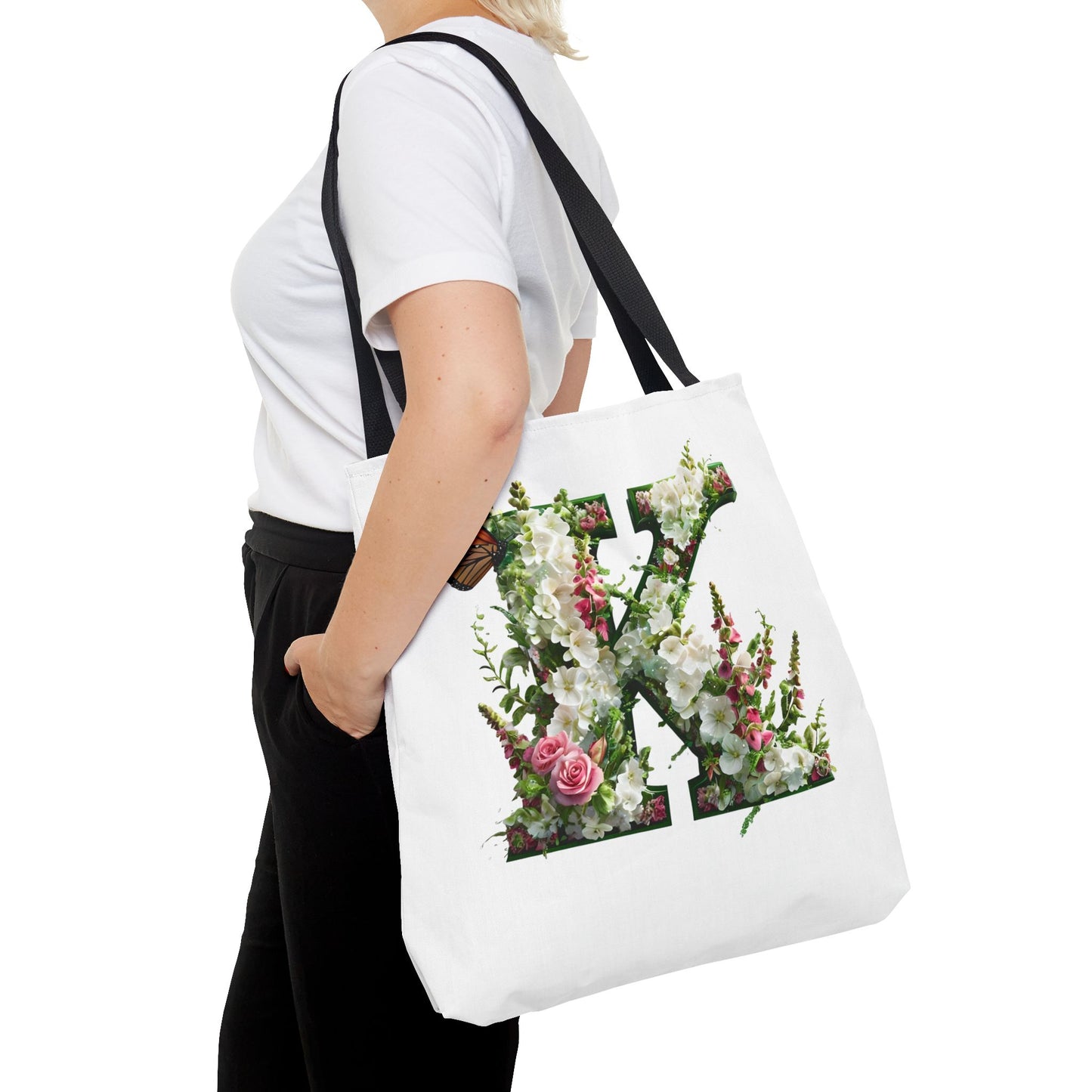 Floral Alphabet 'K' Tote Bag with Cottage Garden Flowers and Butterfly Design