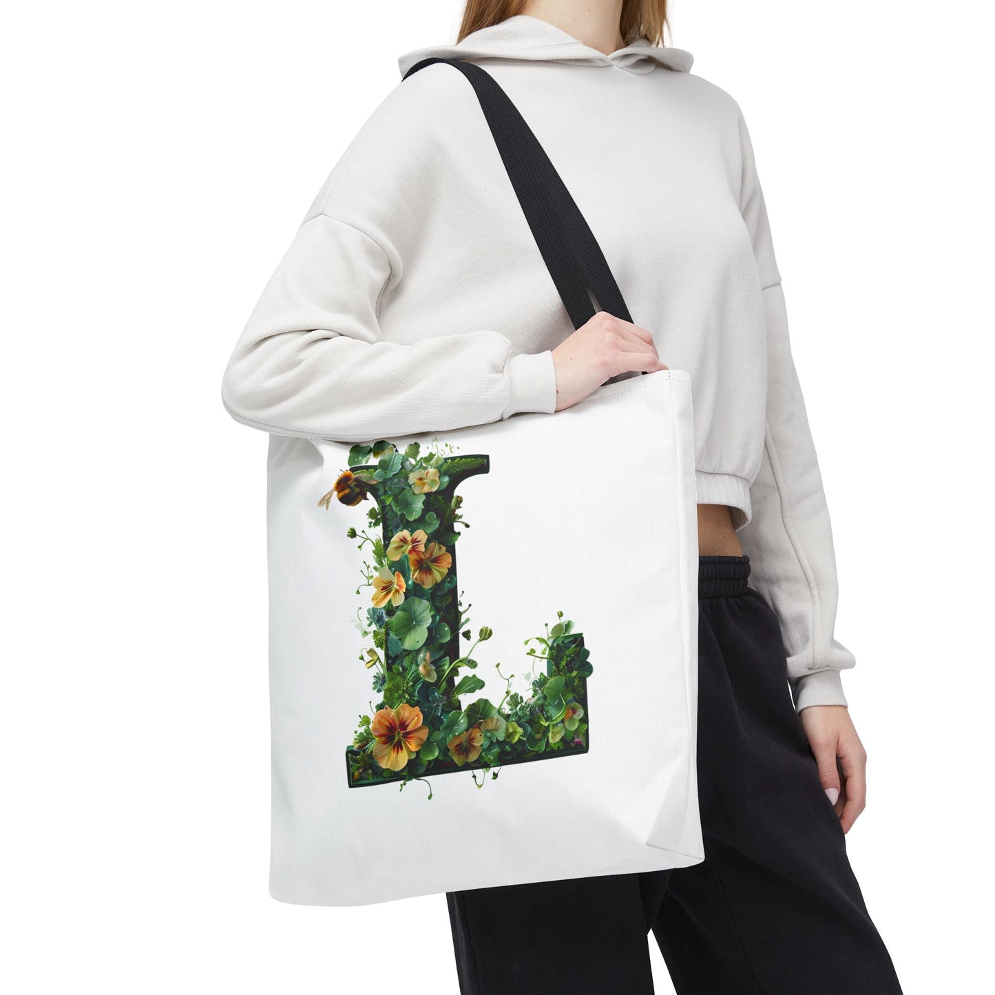 Floral Alphabet 'L' Tote Bag - Polyester Carryall for Nature Lovers