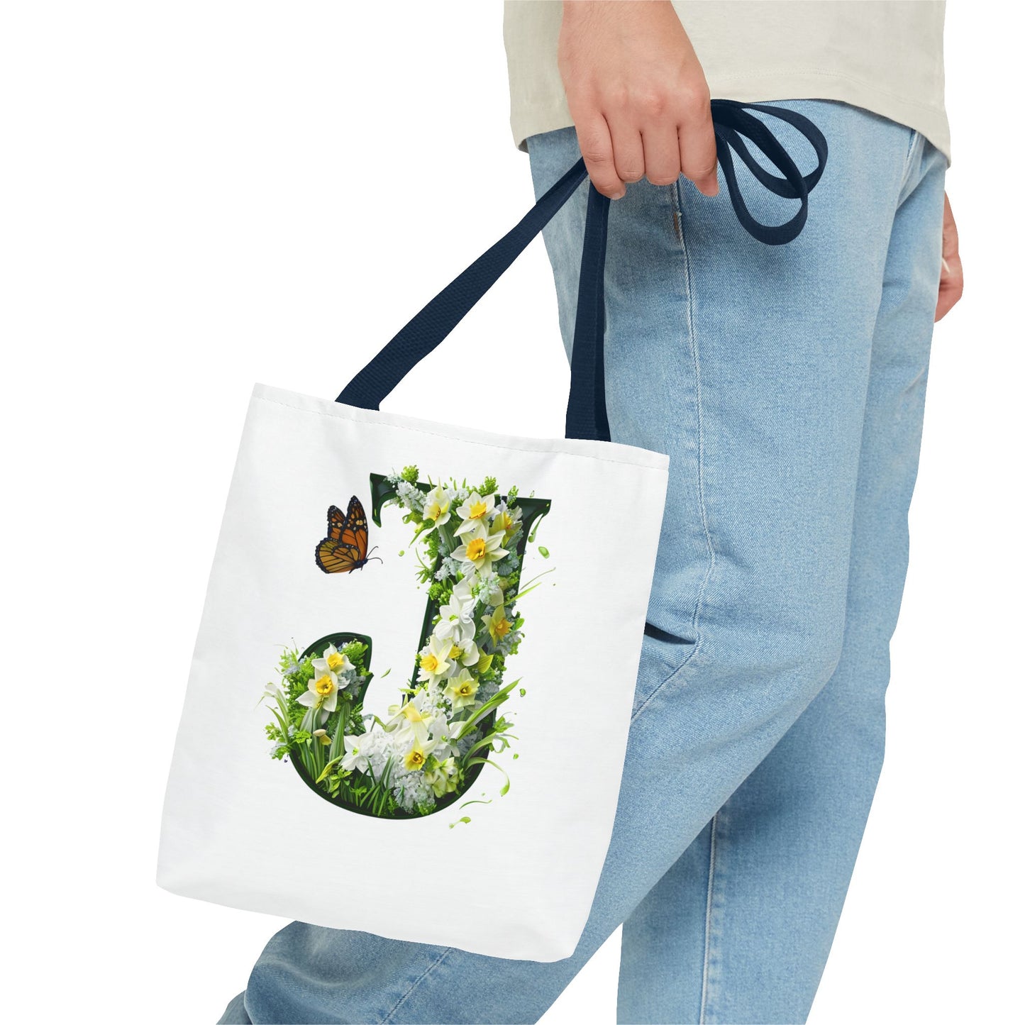 Floral Alphabet 'J' Tote Bag with Daffodils and Butterfly -Shopping & Gift Bag