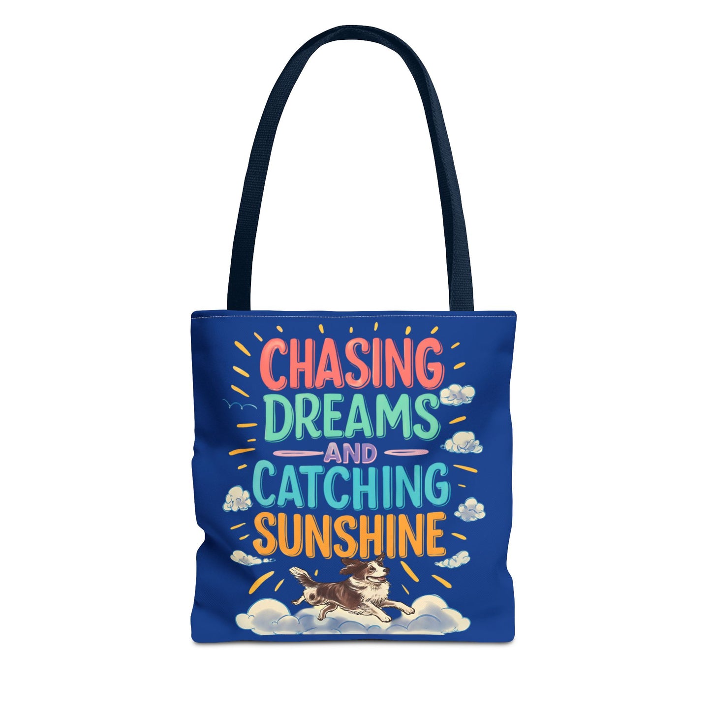 Chasing Dreams Tote Bag, Inspirational Tote, Dog Lover Gift, Eco-Friendly Shopper, Motivational Bag, Bright Blue Design