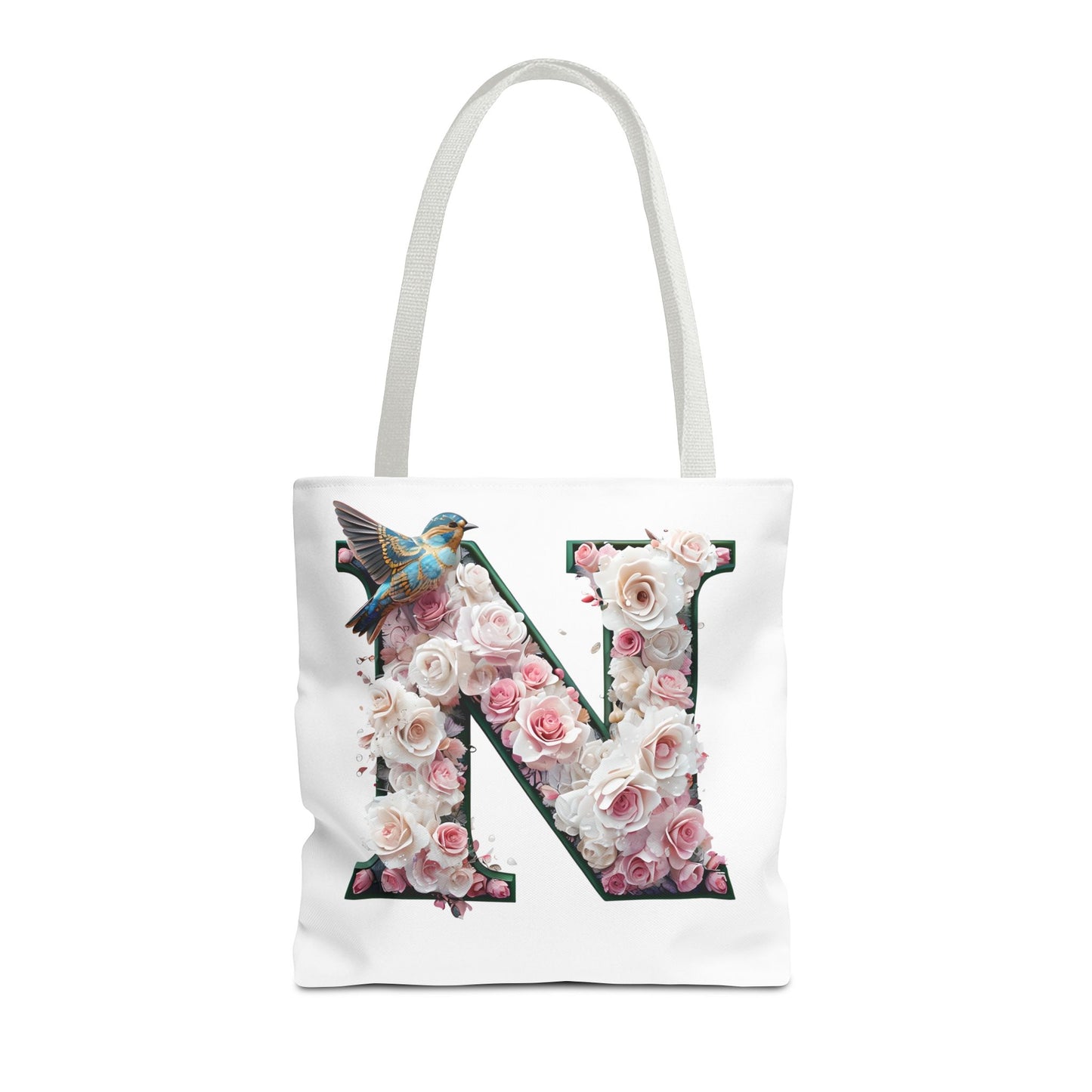 Floral Alphabet 'N' Tote Bag - Chic Shopper Accessory with Flower and Bird Design