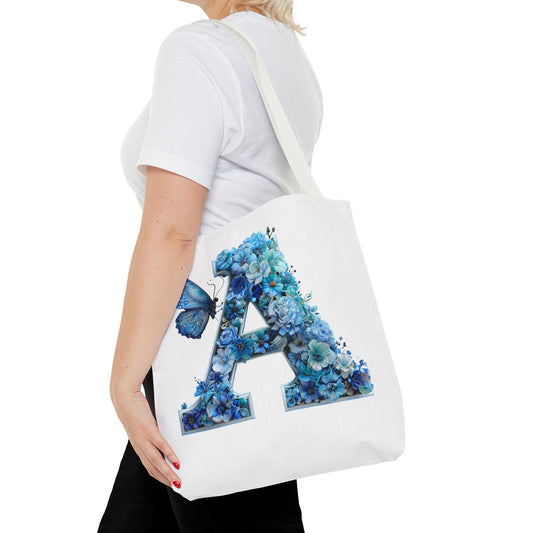 Floral Alphabet 'A' Tote Bag –  Blue Butterfly Design