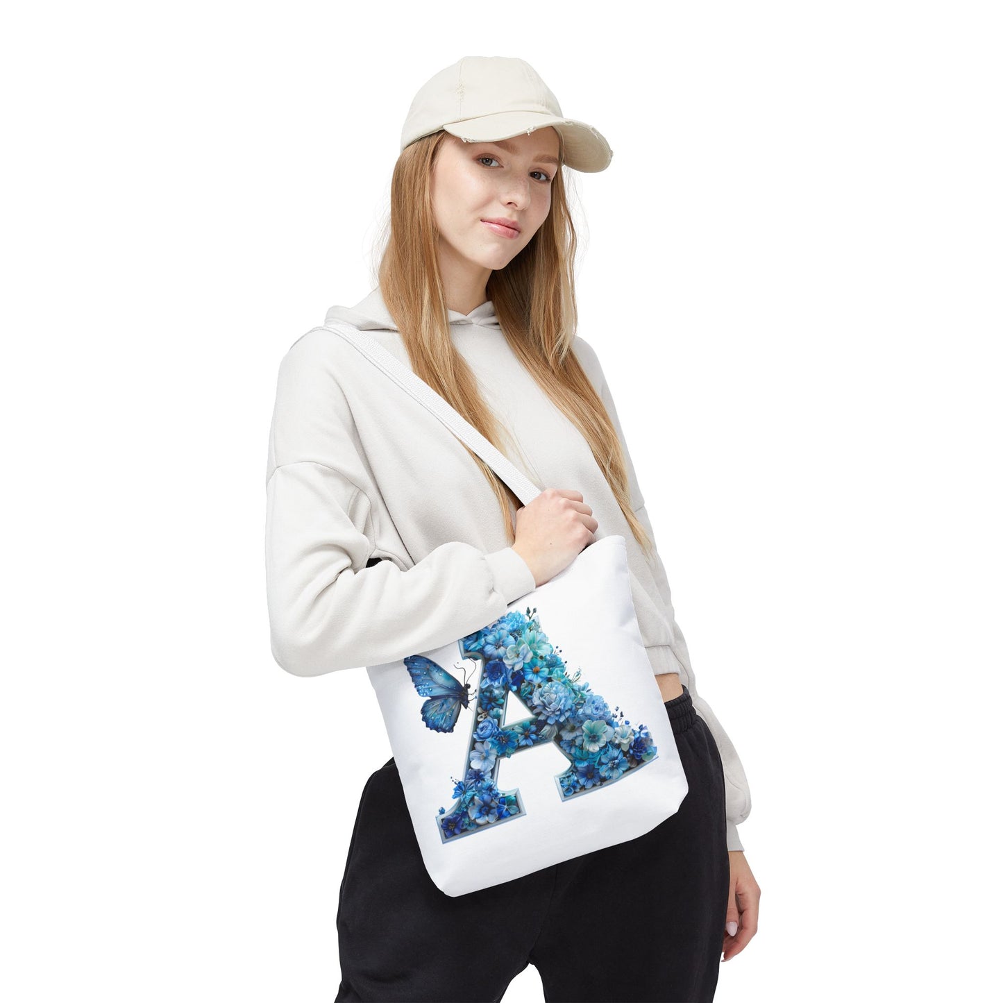 Floral Alphabet 'A' Tote Bag – Blue Butterfly Design