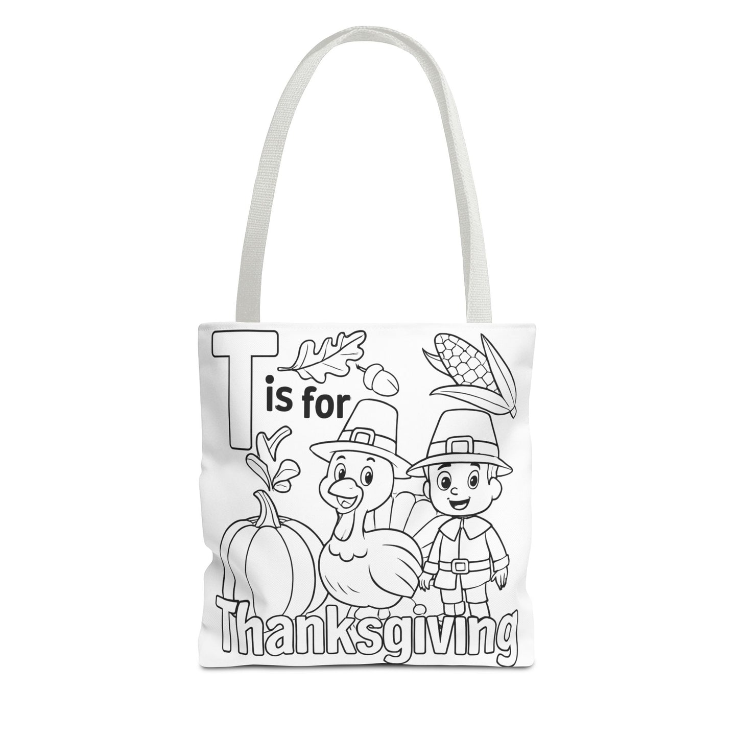 T is for Thanksgiving Coloring Page Tote Bag - Colorful Pilgrims and Turkey Design, AOP, Ideal for Holiday Gatherings, Gifts, and Crafts