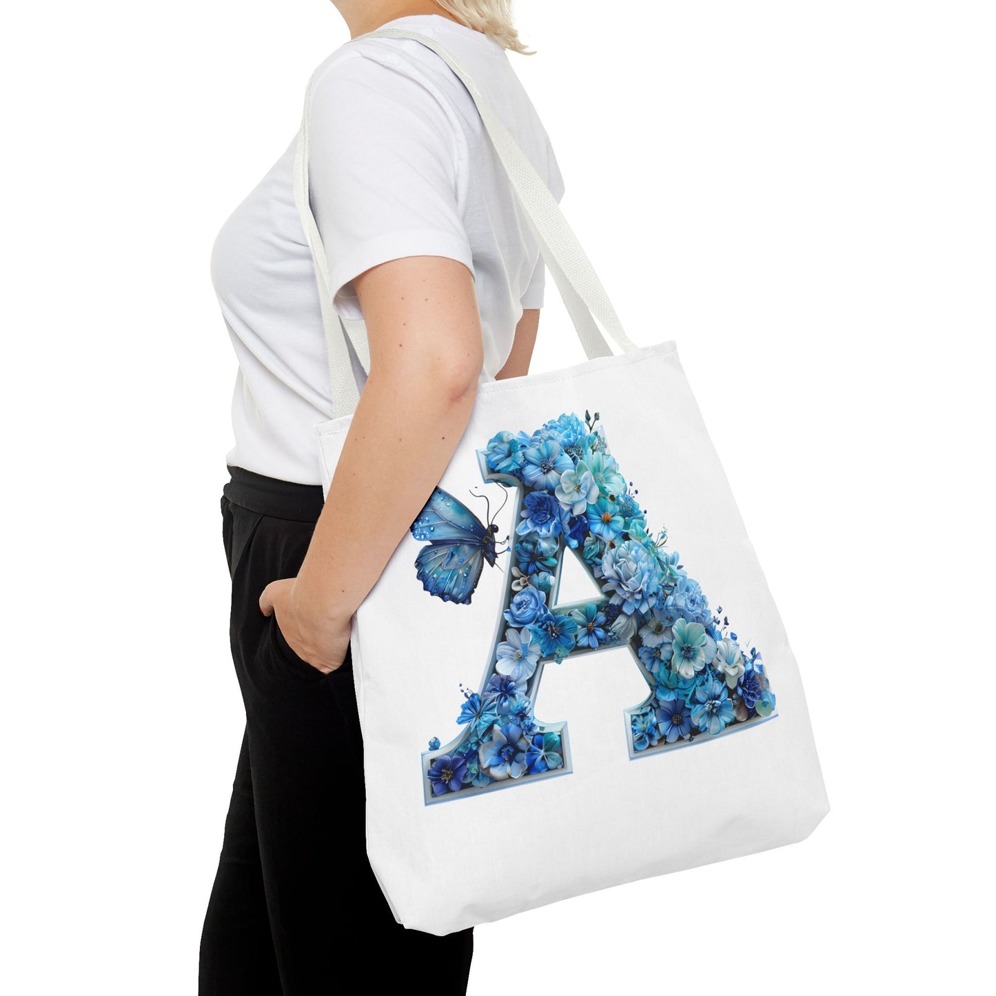 Floral Alphabet 'A' Tote Bag – Blue Butterfly Design
