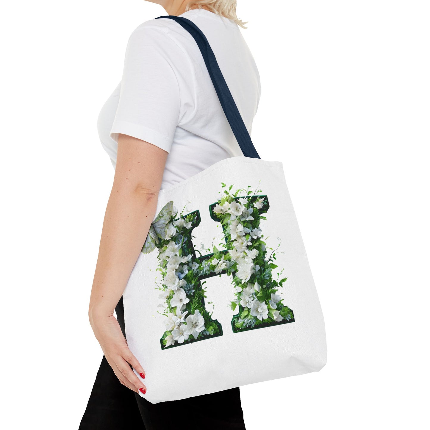 Floral Alphabet 'H' Tote Bag - Green and White Gift for Nature Lovers