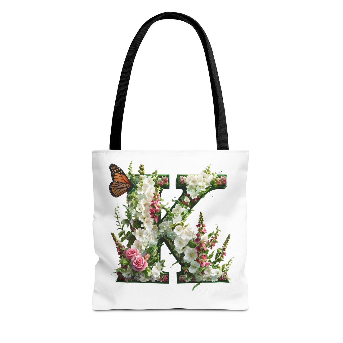 Floral Alphabet 'K' Tote Bag with Cottage Garden Flowers and Butterfly Design