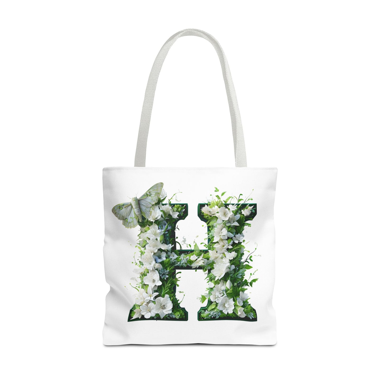 Floral Alphabet 'H' Tote Bag - Green and White Gift for Nature Lovers