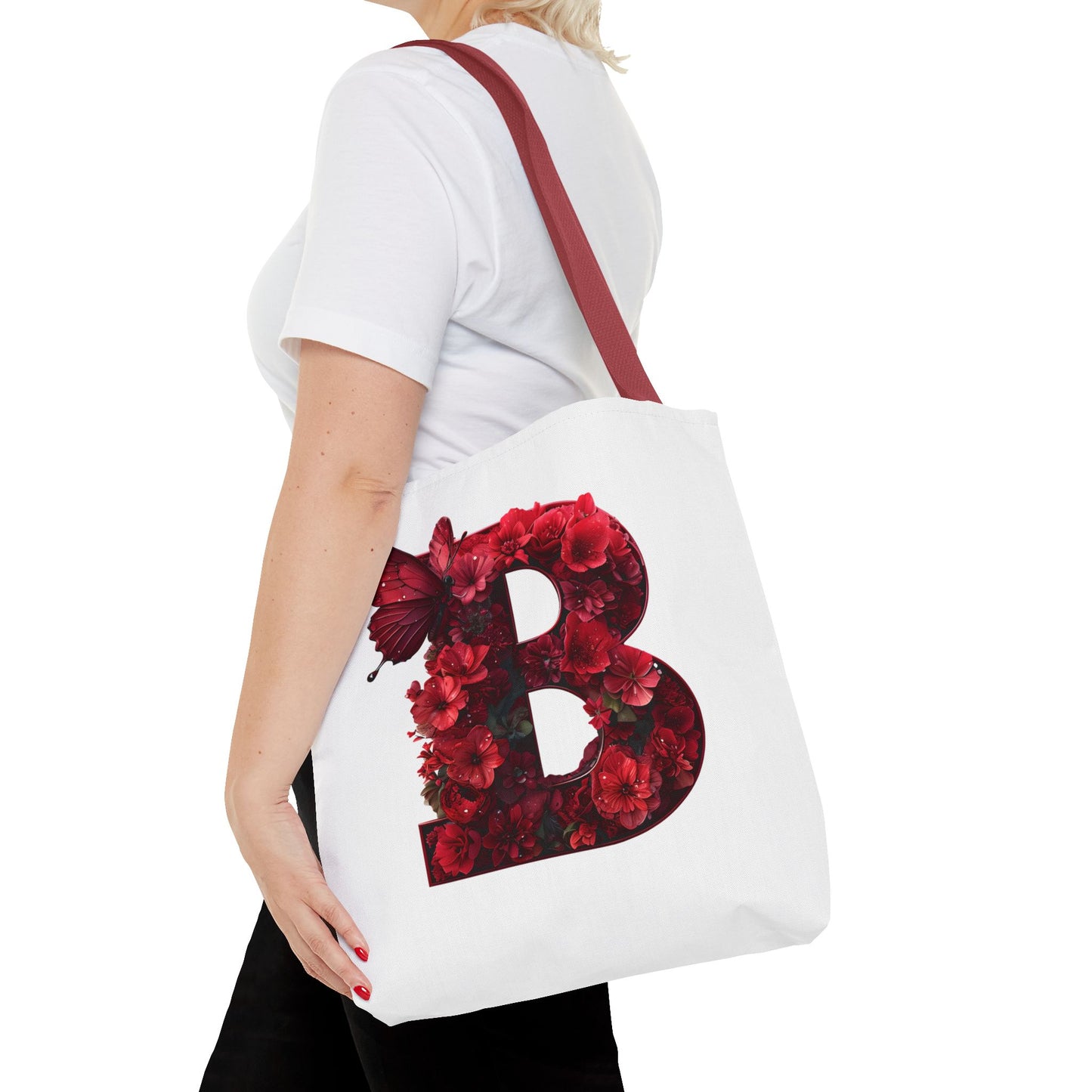 Red Floral Alphabet B' Tote Bag with Butterfly - Shopping, Beach or Travel Accessory