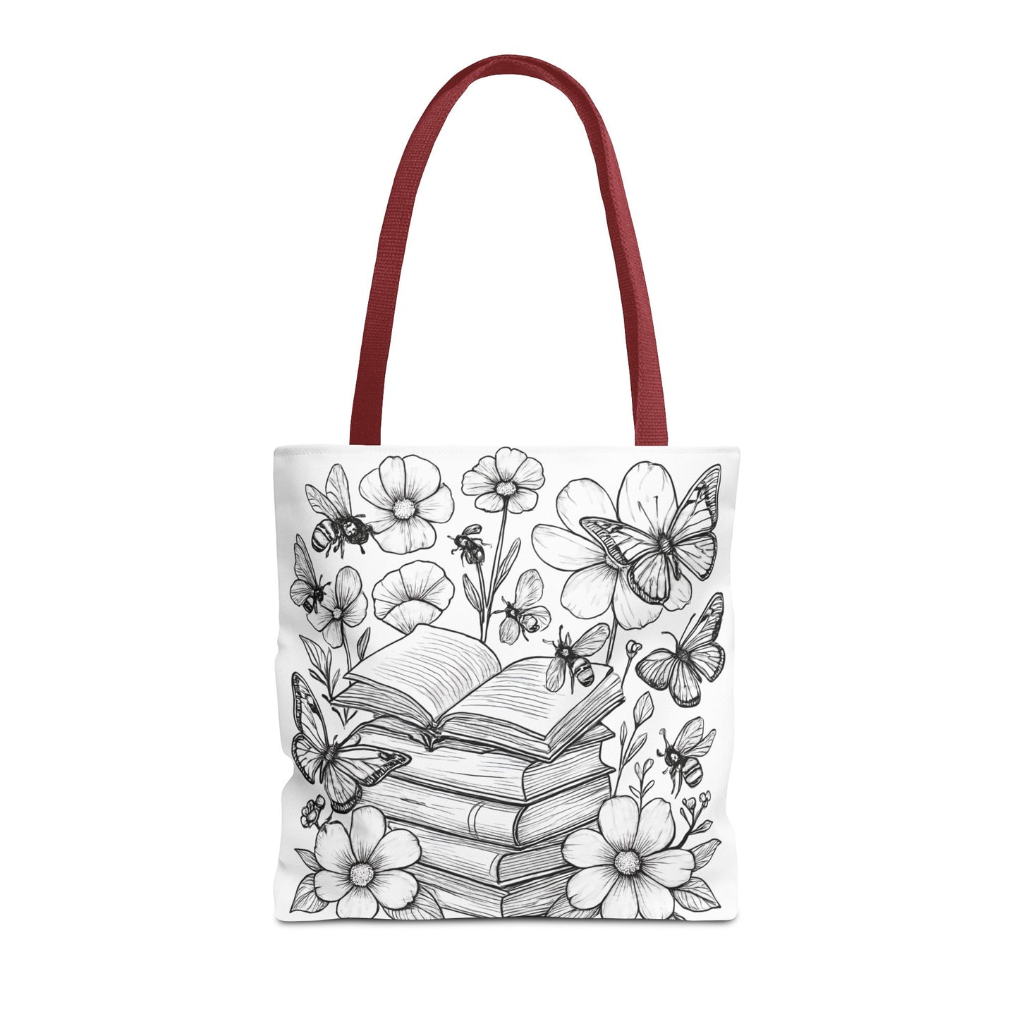 Coloring Page Book Lover Tote Bag, Floral Butterfly Tote, Gift for Readers, Library Bag, Eco-Friendly Shopping Tote