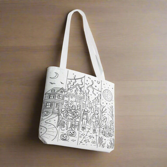 Tote bag with black and white illustrations of  4 trick or treat scenes