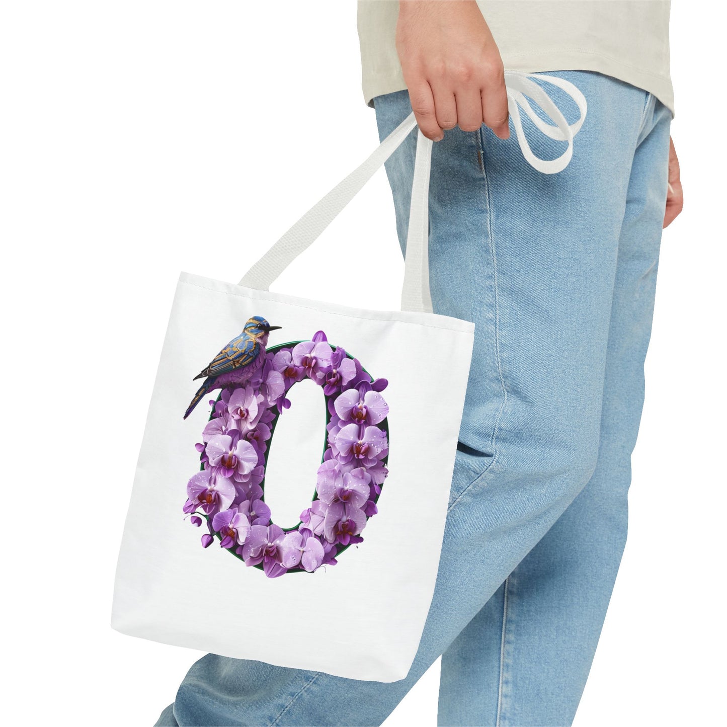 Floral Alphabet 'O' Tote Bag with Bird and Purple Flowers
