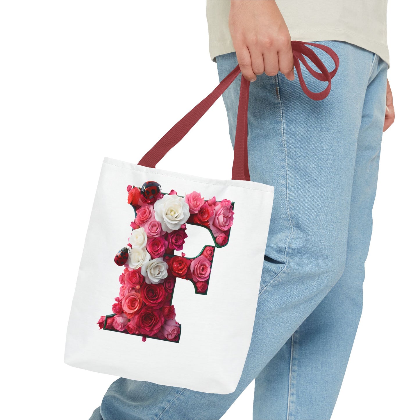 Floral Alphabet 'F' Rose and Ladybird Tote Bag