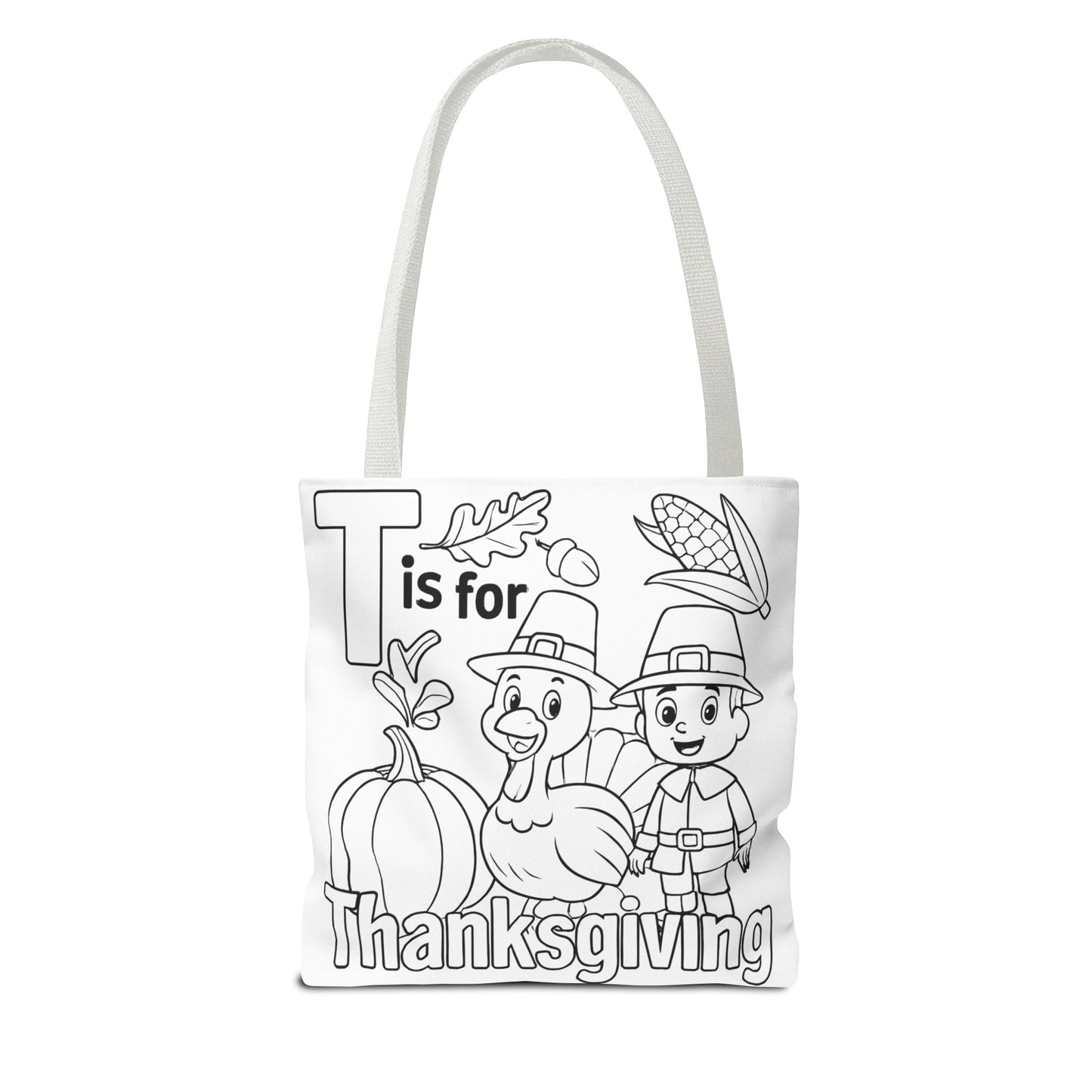 T is for Thanksgiving Coloring Page Tote Bag - Colorful Pilgrims and Turkey Design, AOP, Ideal for Holiday Gatherings, Gifts, and Crafts