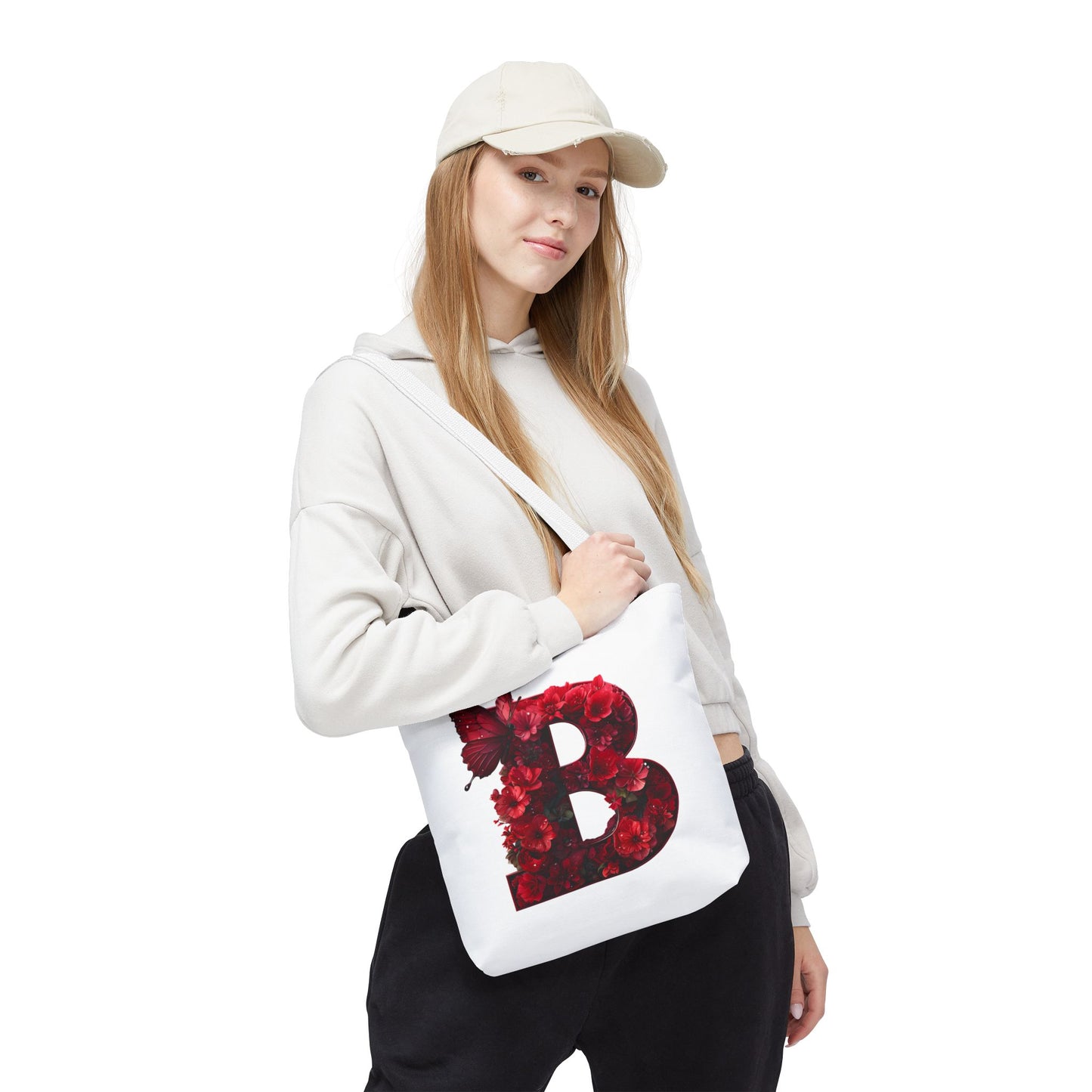 Red Floral Alphabet B' Tote Bag with Butterfly - Shopping, Beach or Travel Accessory