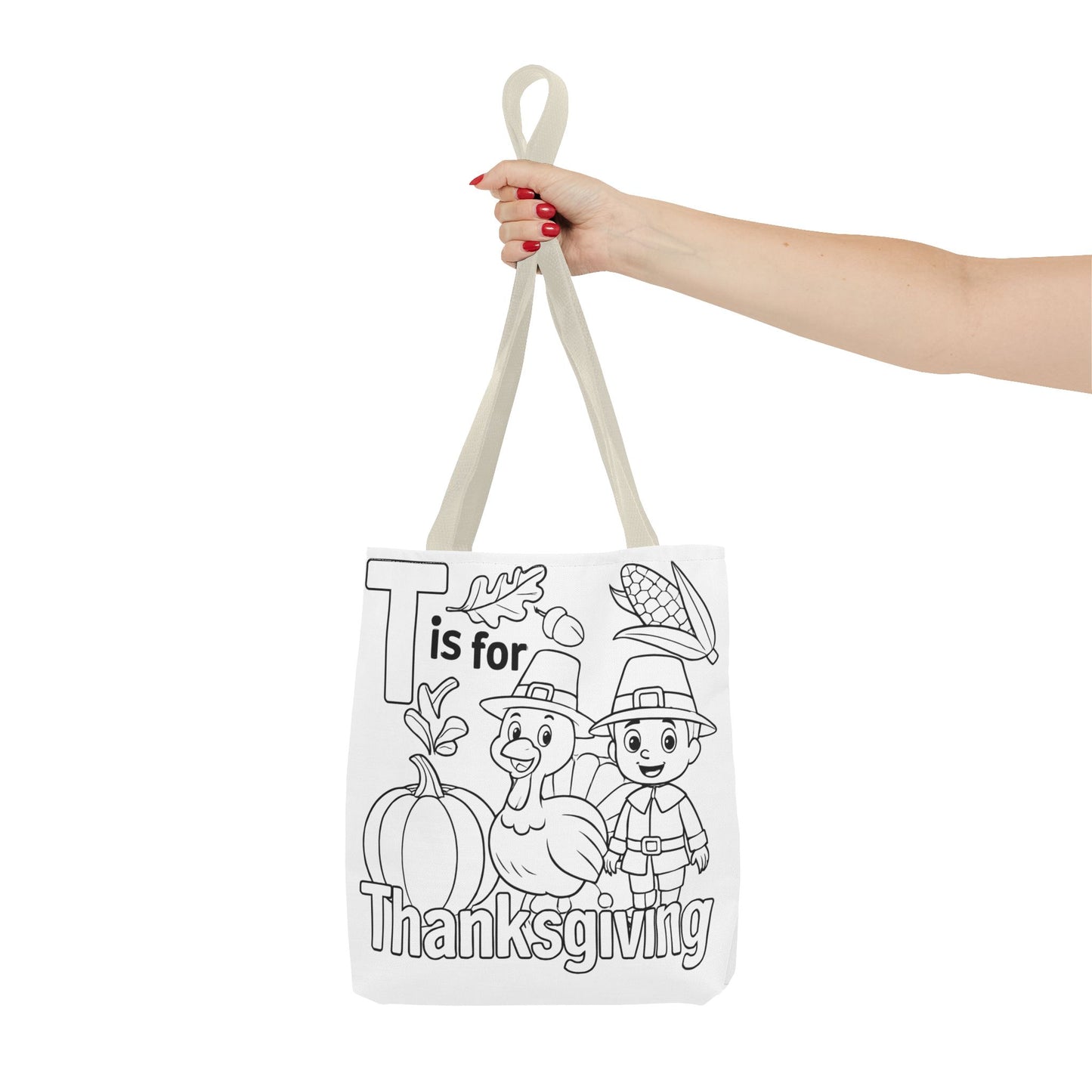 T is for Thanksgiving Coloring Page Tote Bag - Colorful Pilgrims and Turkey Design, AOP, Ideal for Holiday Gatherings, Gifts, and Crafts