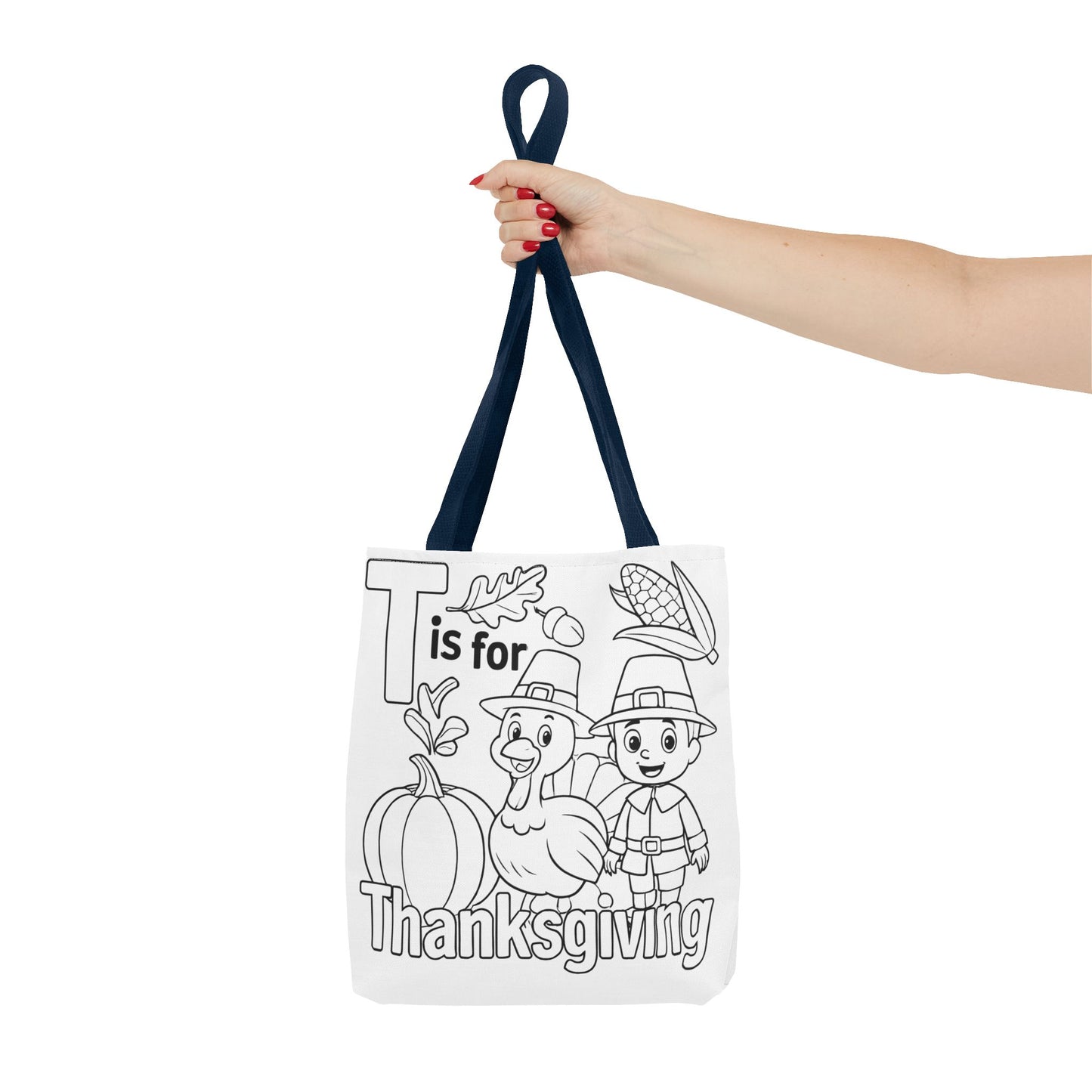 T is for Thanksgiving Coloring Page Tote Bag - Colorful Pilgrims and Turkey Design, AOP, Ideal for Holiday Gatherings, Gifts, and Crafts