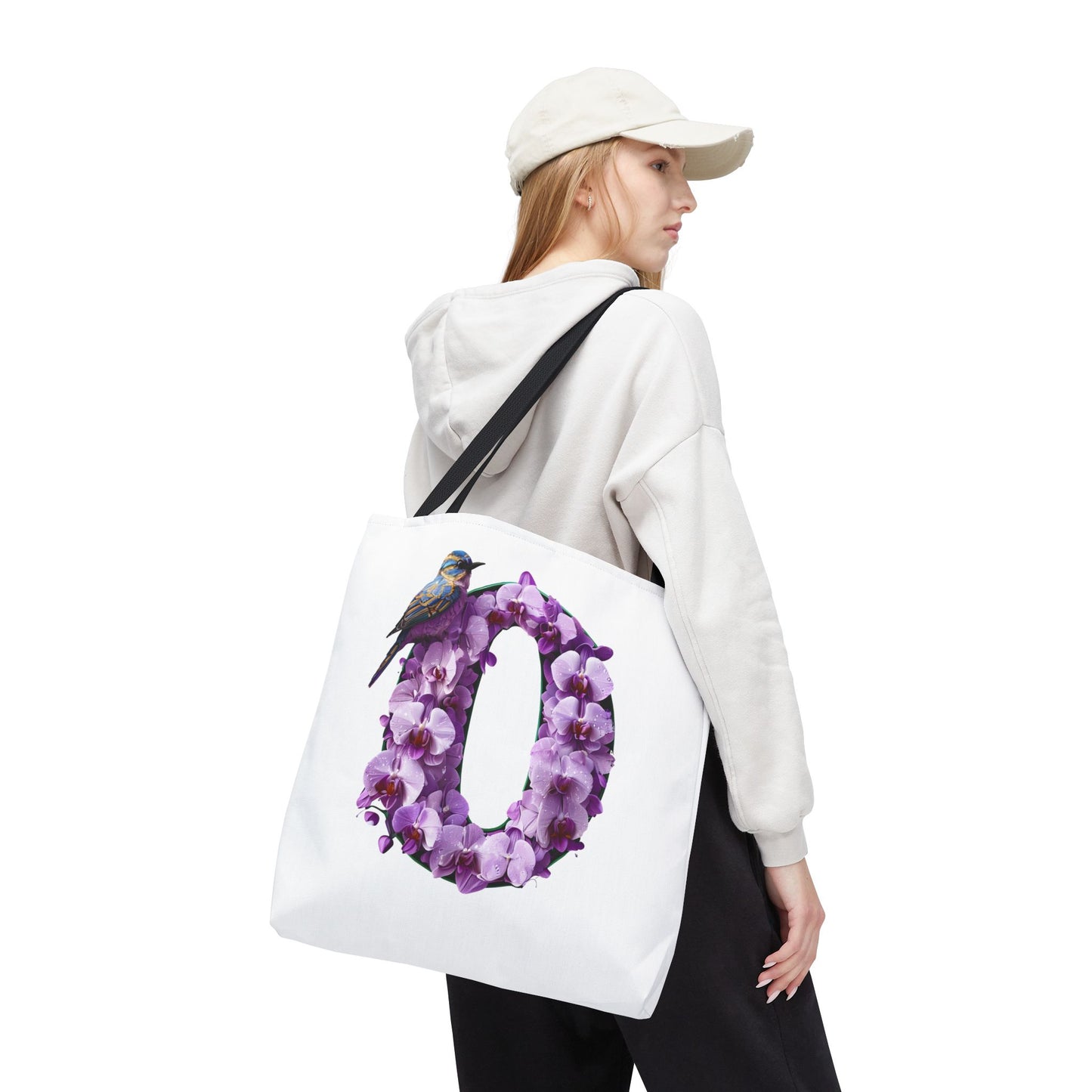 Floral Alphabet 'O' Tote Bag with Bird and Purple Flowers