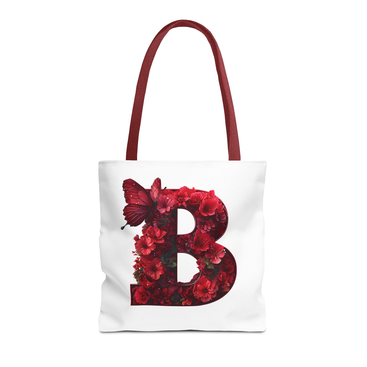 Red Floral Alphabet B' Tote Bag with Butterfly - Shopping, Beach or Travel Accessory