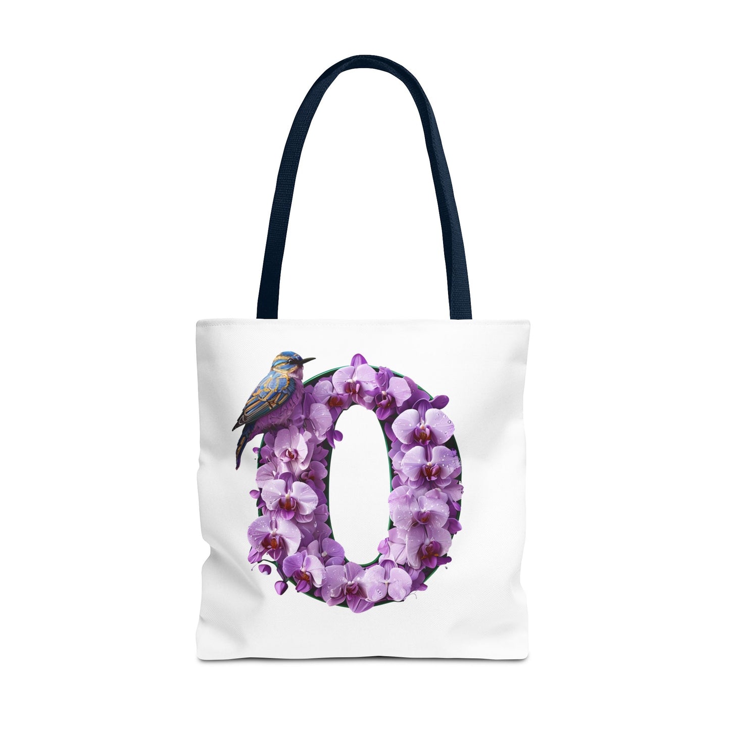 Floral Alphabet 'O' Tote Bag with Bird and Purple Flowers
