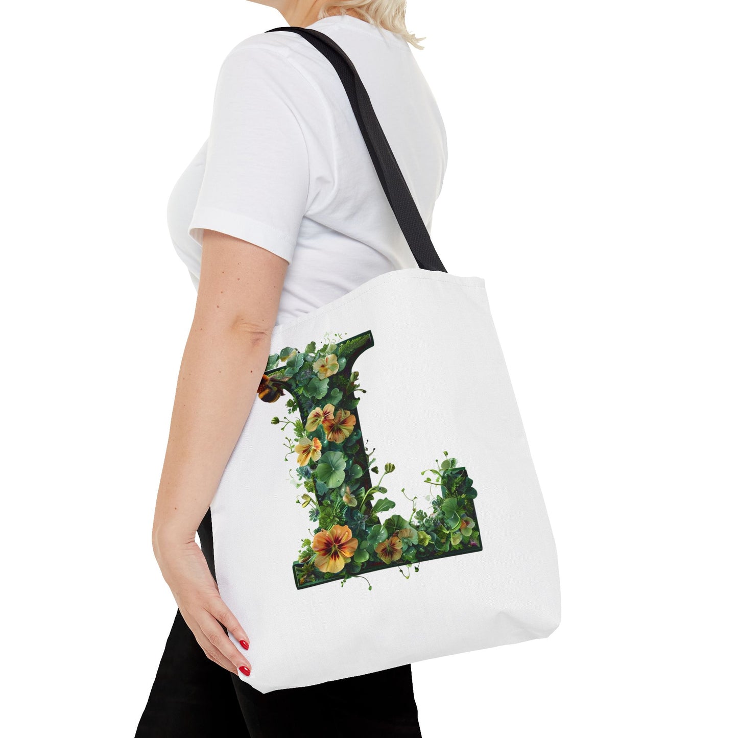 Floral Alphabet 'L' Tote Bag - Polyester Carryall for Nature Lovers