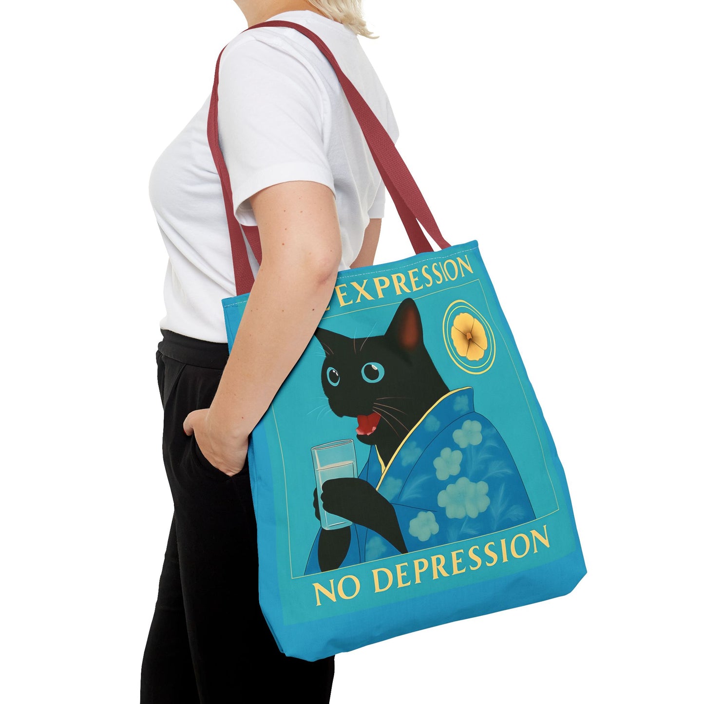 Motivational Chinoiserie Black Cat Tote Bag - More Expression No Depression