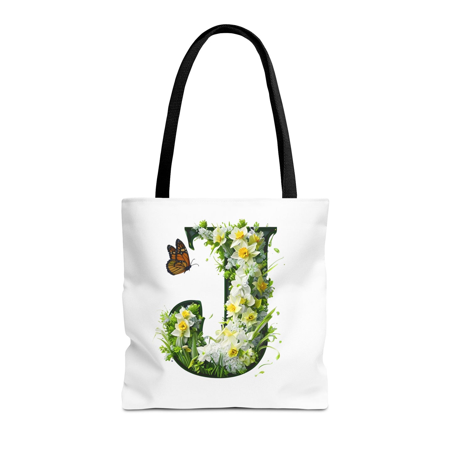 Floral Alphabet 'J' Tote Bag with Daffodils and Butterfly -Shopping & Gift Bag
