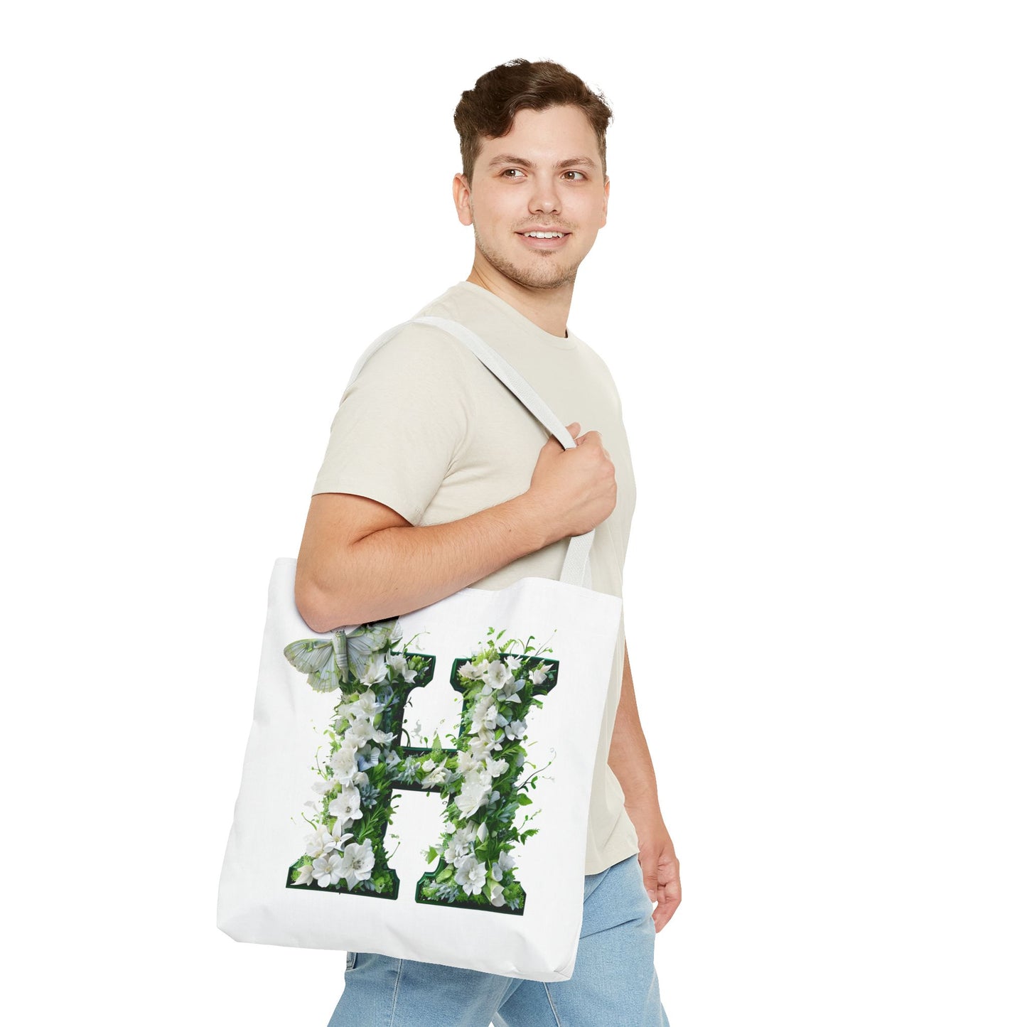 Floral Alphabet 'H' Tote Bag - Green and White Gift for Nature Lovers