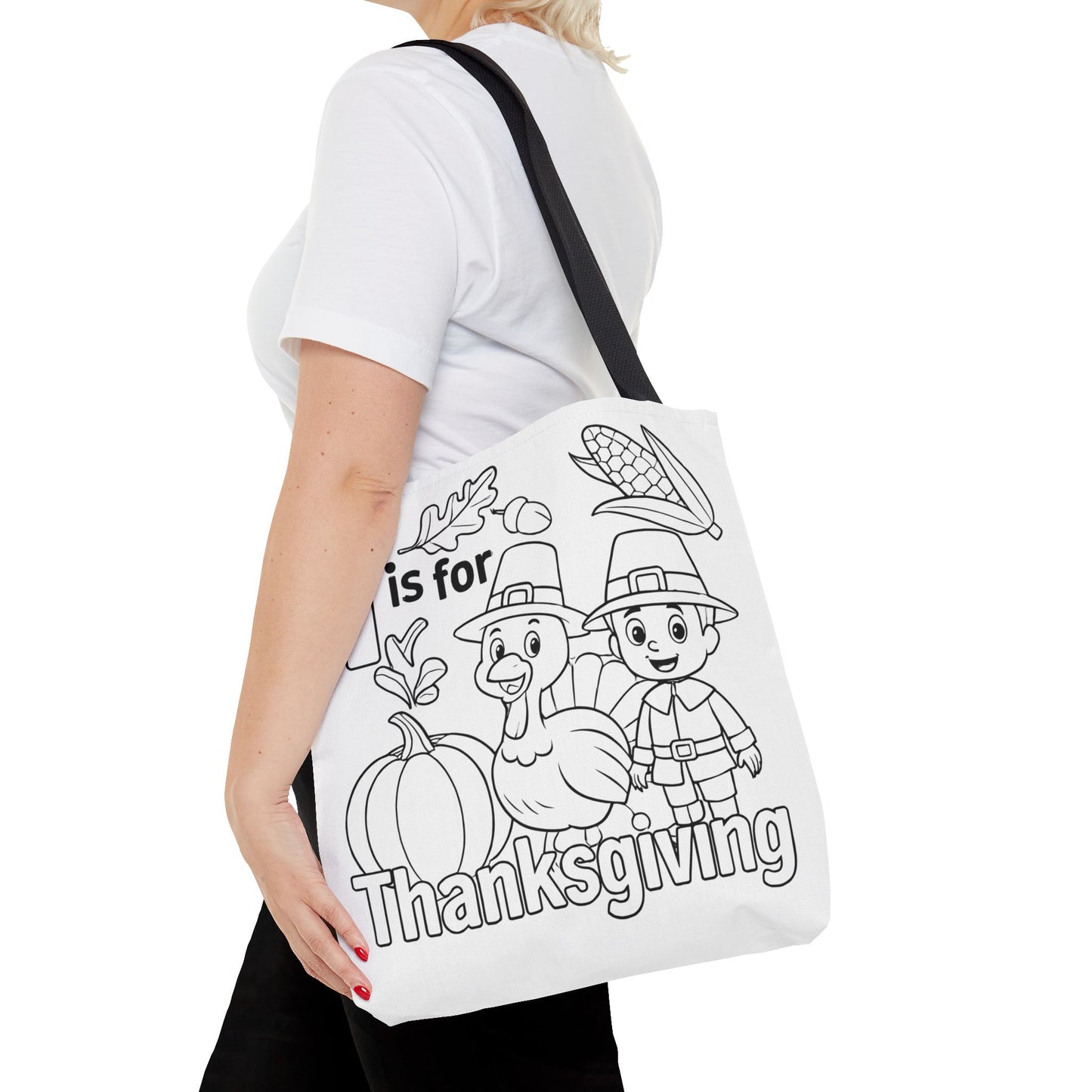 T is for Thanksgiving Coloring Page Tote Bag - Colorful Pilgrims and Turkey Design, AOP, Ideal for Holiday Gatherings, Gifts, and Crafts