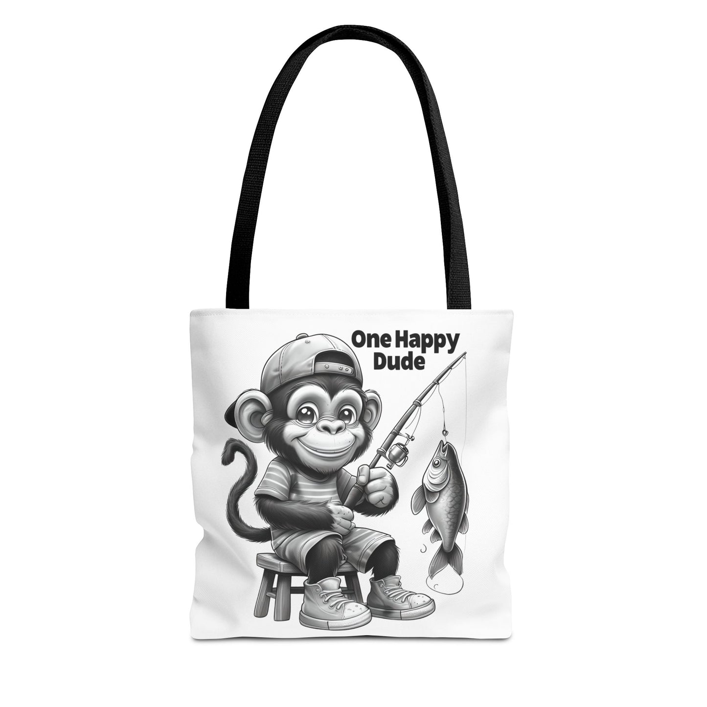 Happy Fishing Monkey Tote Bag, Fun Gift for Dad, Cool Beach Bag, Cute Animal Lover Accessory, Unique Shopper Tote