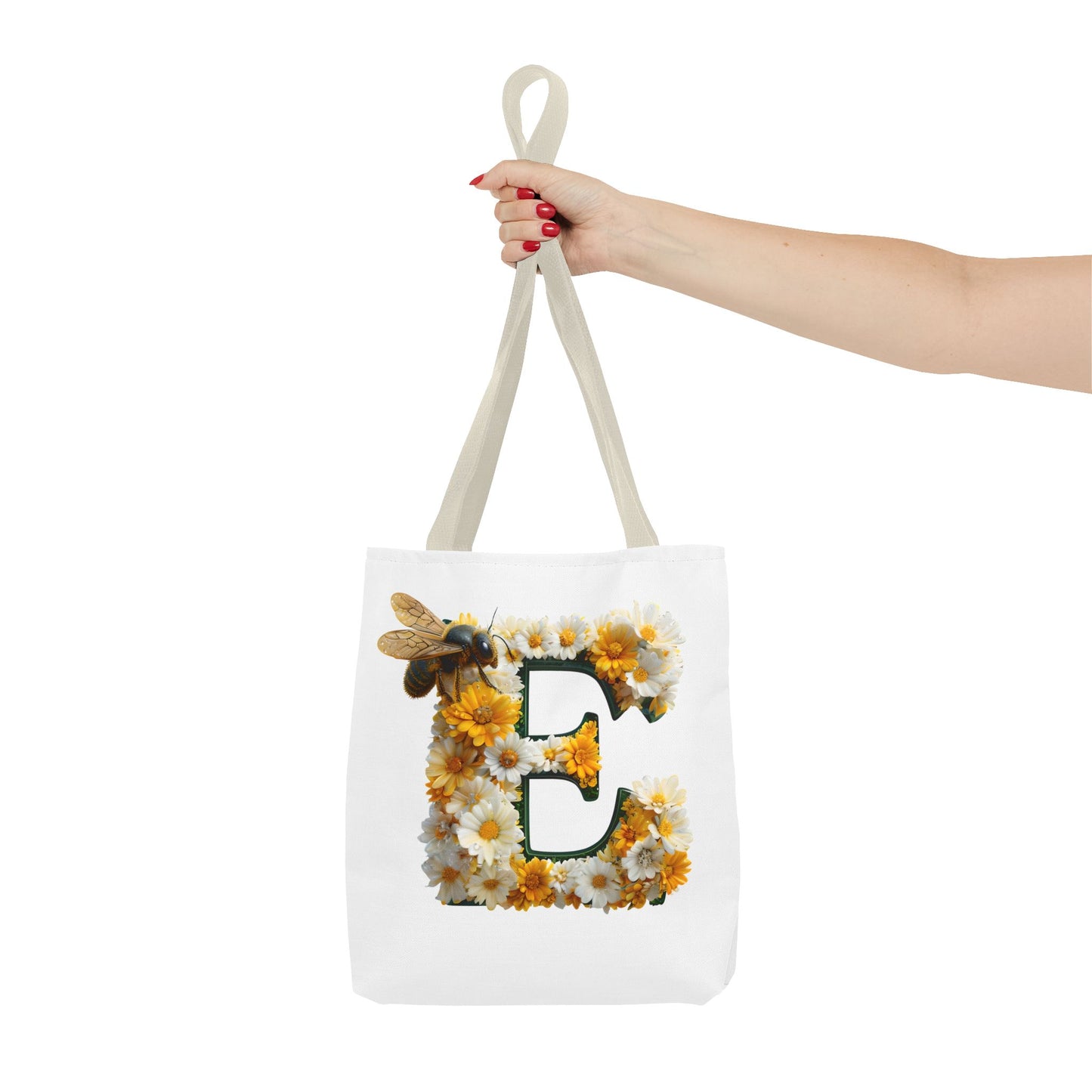 Floral Alphabet Tote Bag with Yellow Daisies, the Initial 'E' and Bee Design