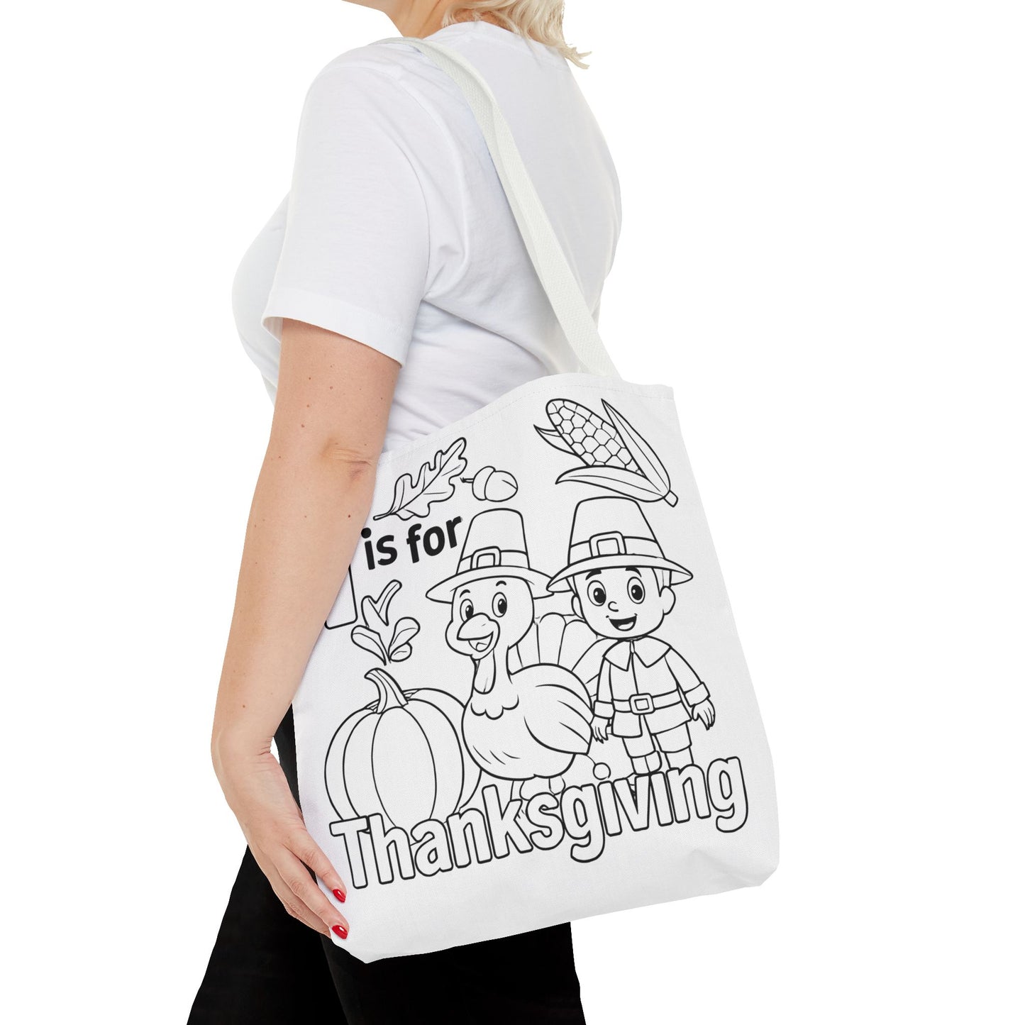 T is for Thanksgiving Coloring Page Tote Bag - Colorful Pilgrims and Turkey Design, AOP, Ideal for Holiday Gatherings, Gifts, and Crafts
