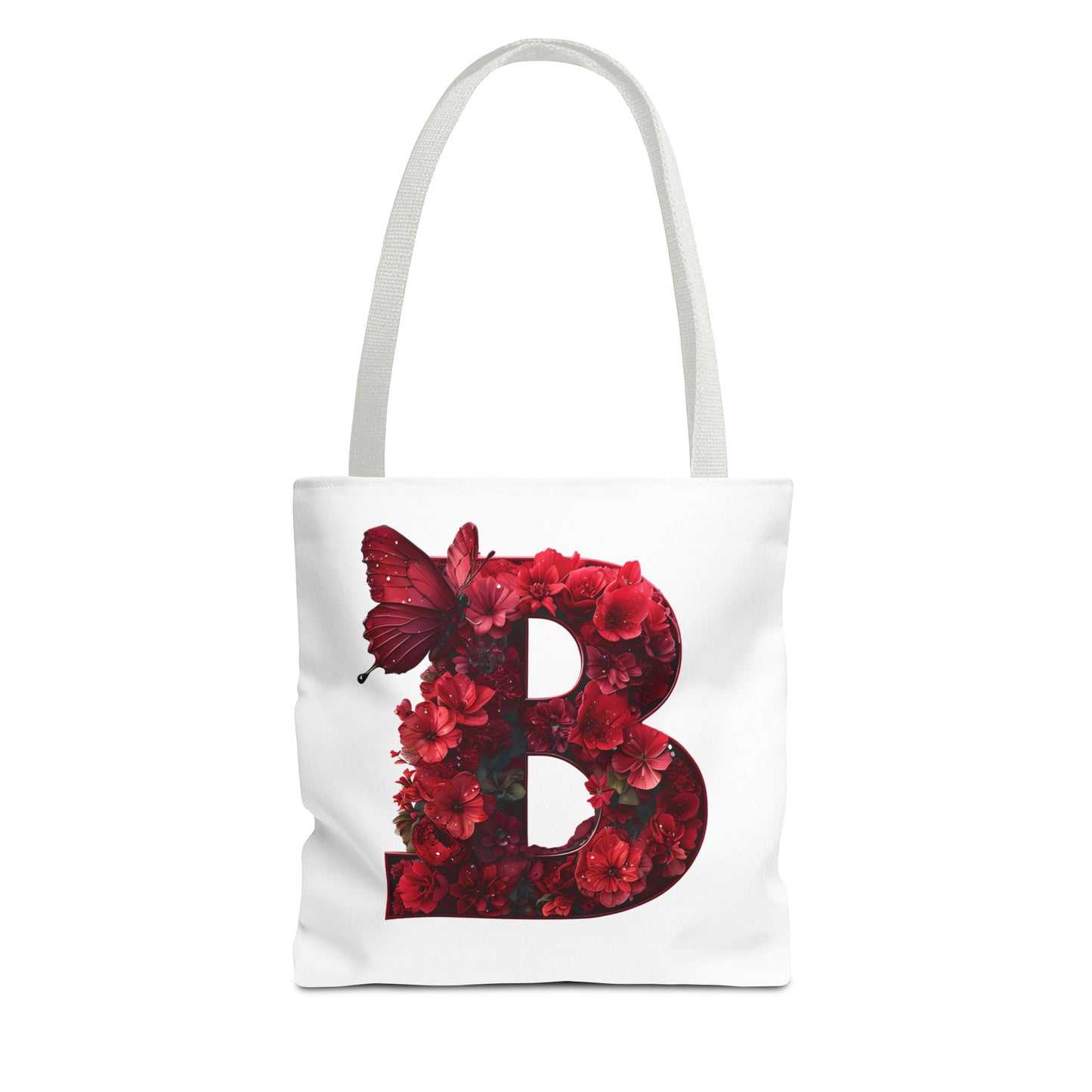 Red Floral Alphabet B' Tote Bag with Butterfly - Shopping, Beach or Travel Accessory