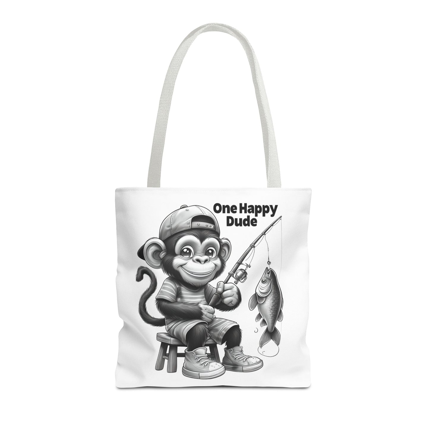 Happy Fishing Monkey Tote Bag, Fun Gift for Dad, Cool Beach Bag, Cute Animal Lover Accessory, Unique Shopper Tote