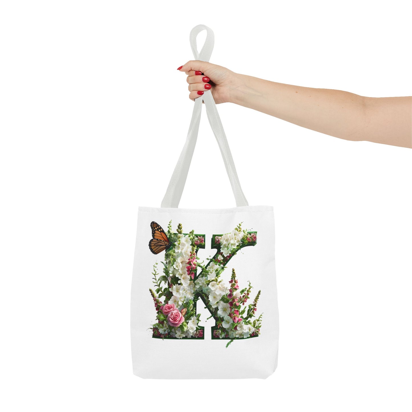 Floral Alphabet 'K' Tote Bag with Cottage Garden Flowers and Butterfly Design