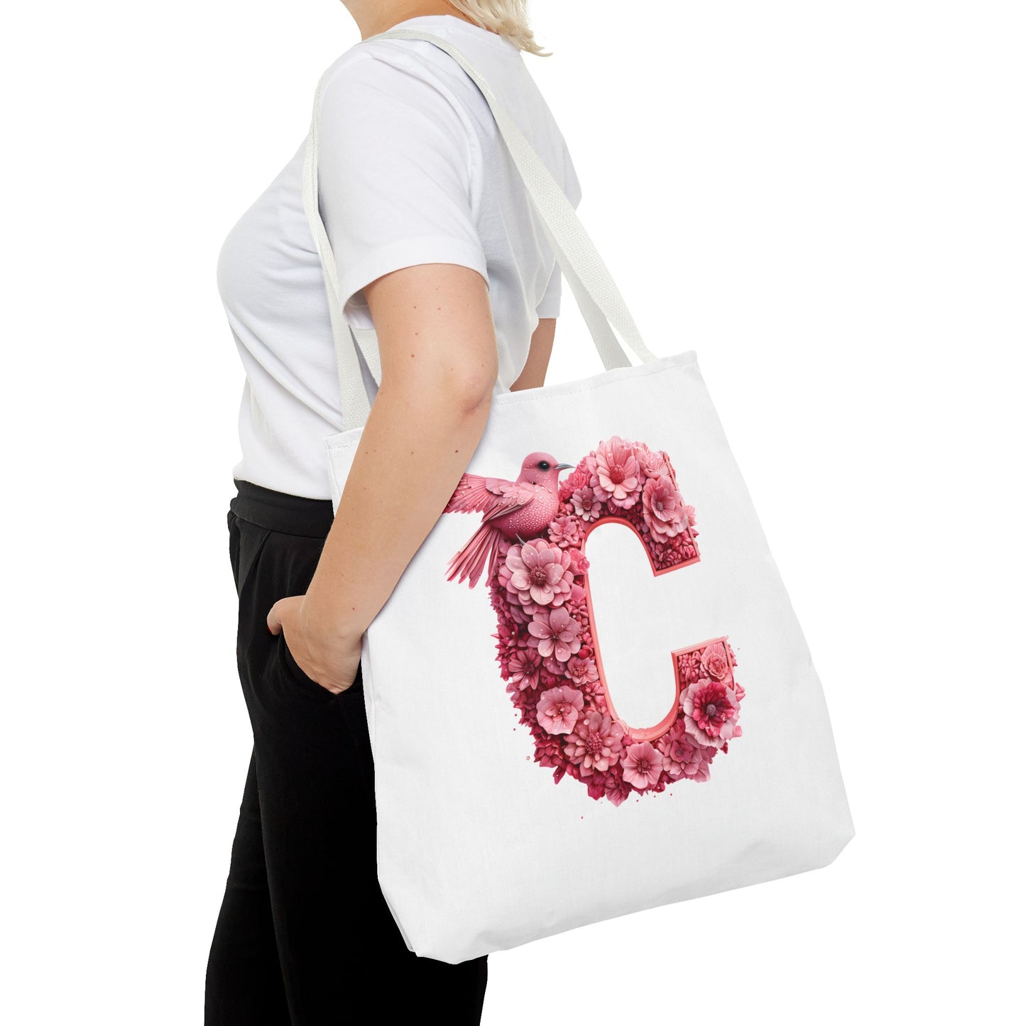 Floral Alphabet C' Tote Bag - Pink Bird Floral Design for Shopping, Work and Beach
