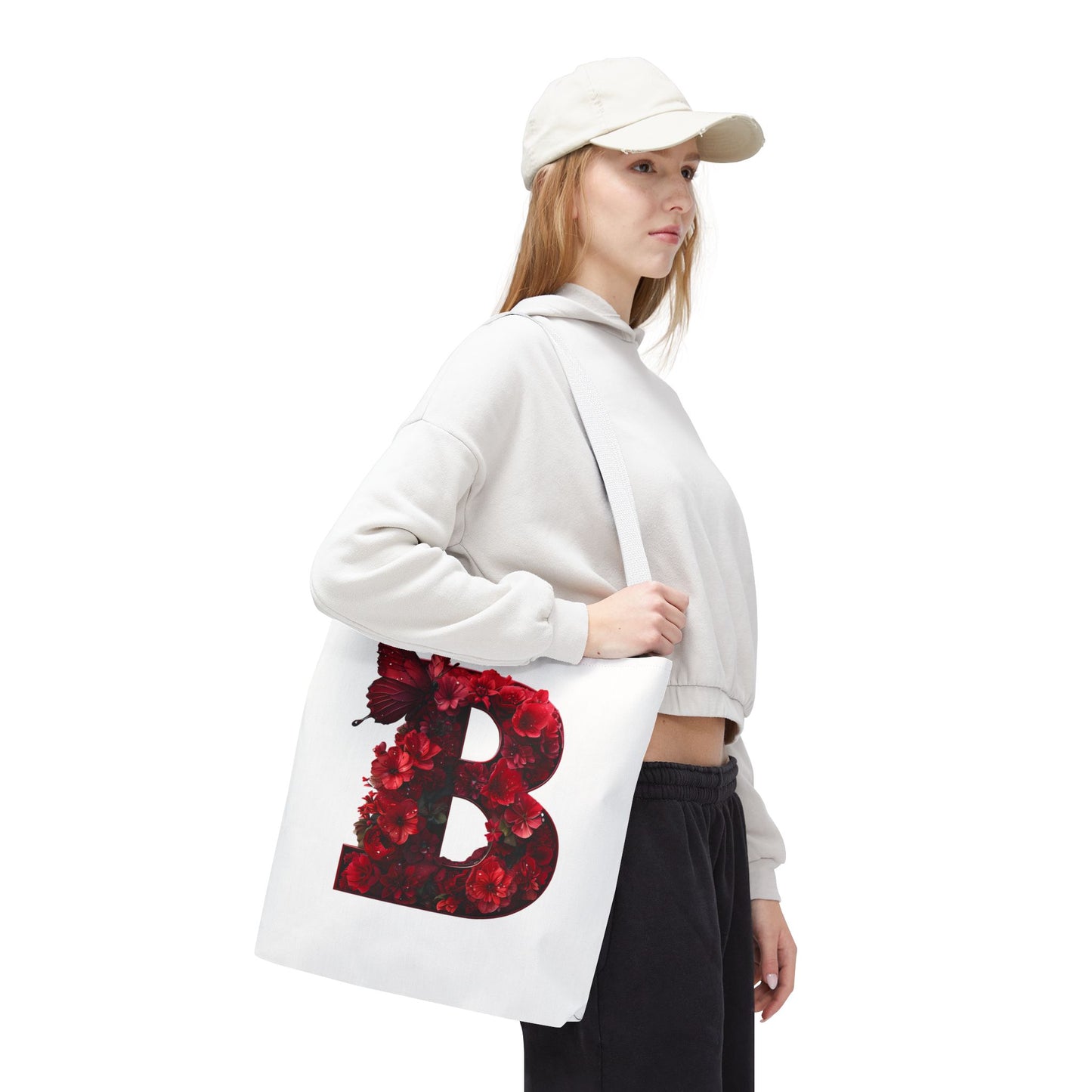Red Floral Alphabet B' Tote Bag with Butterfly - Shopping, Beach or Travel Accessory