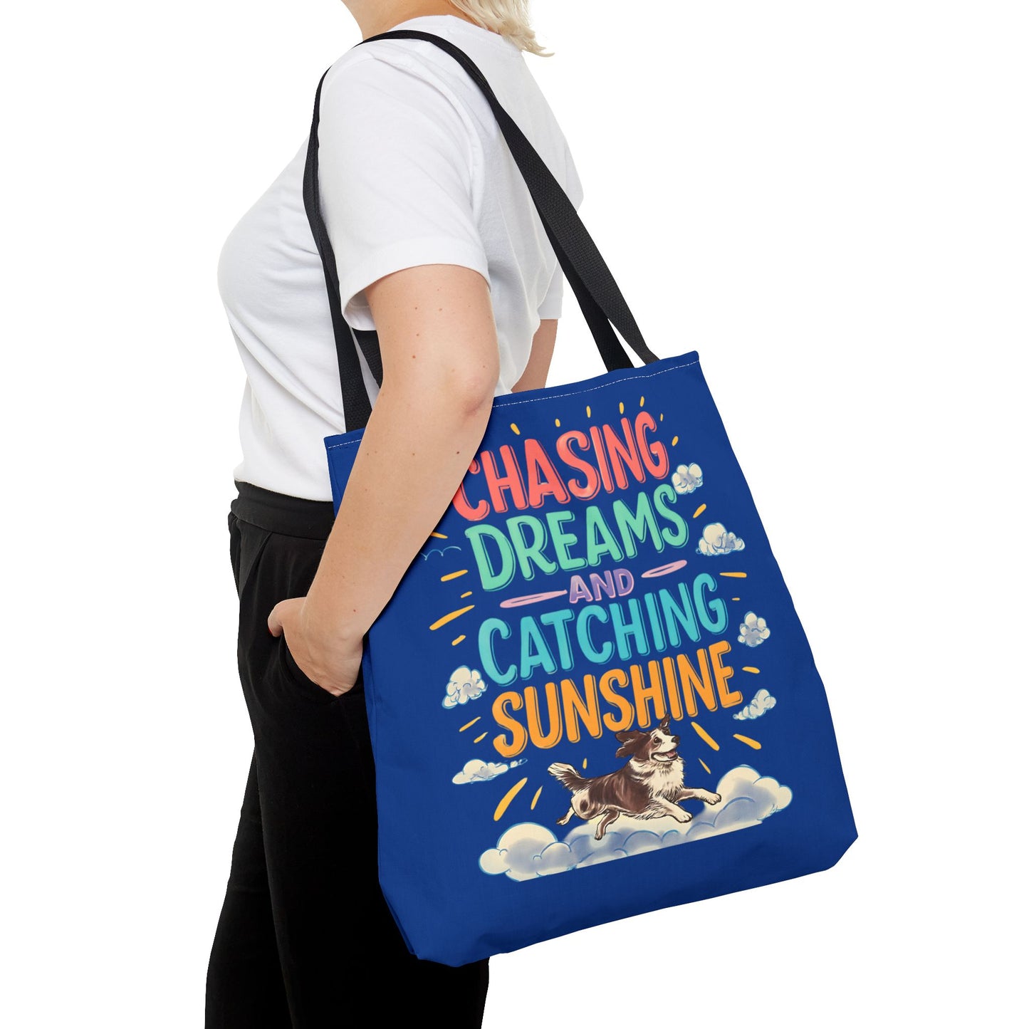 Chasing Dreams Tote Bag, Inspirational Tote, Dog Lover Gift, Eco-Friendly Shopper, Motivational Bag, Bright Blue Design