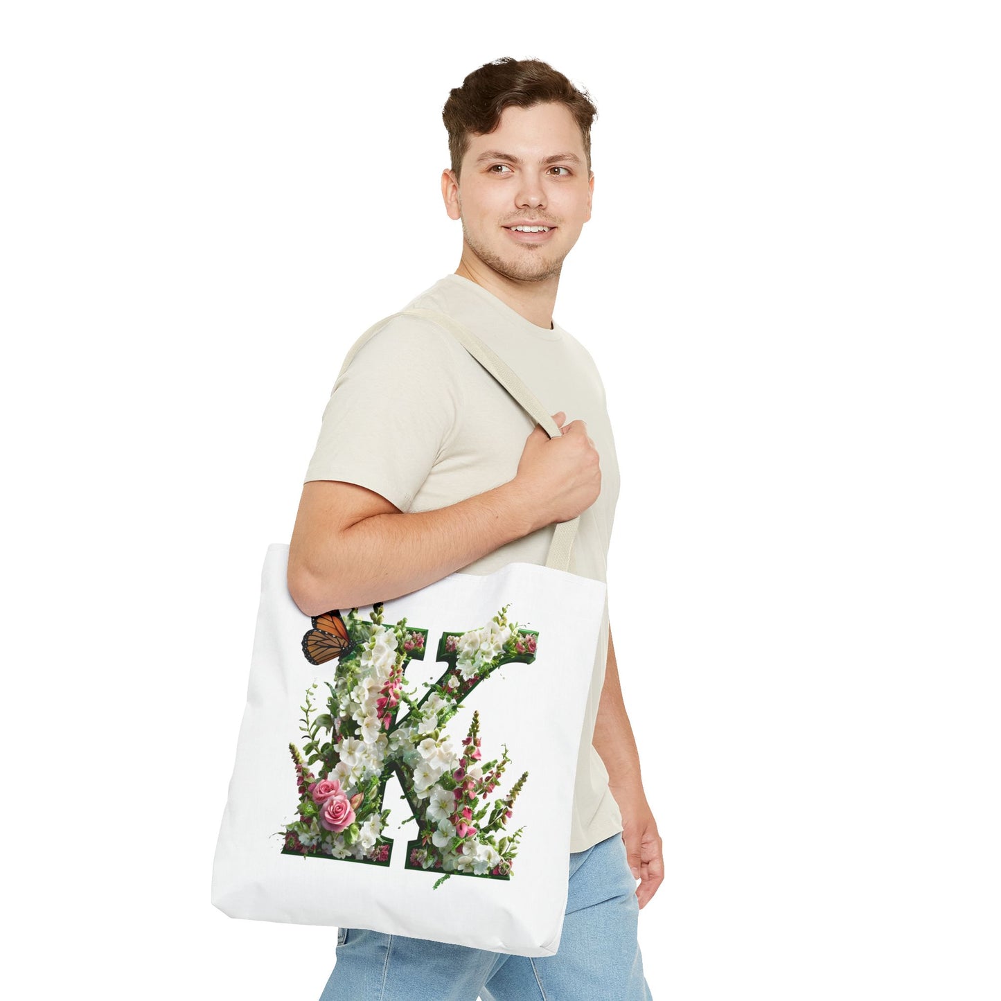 Floral Alphabet 'K' Tote Bag with Cottage Garden Flowers and Butterfly Design