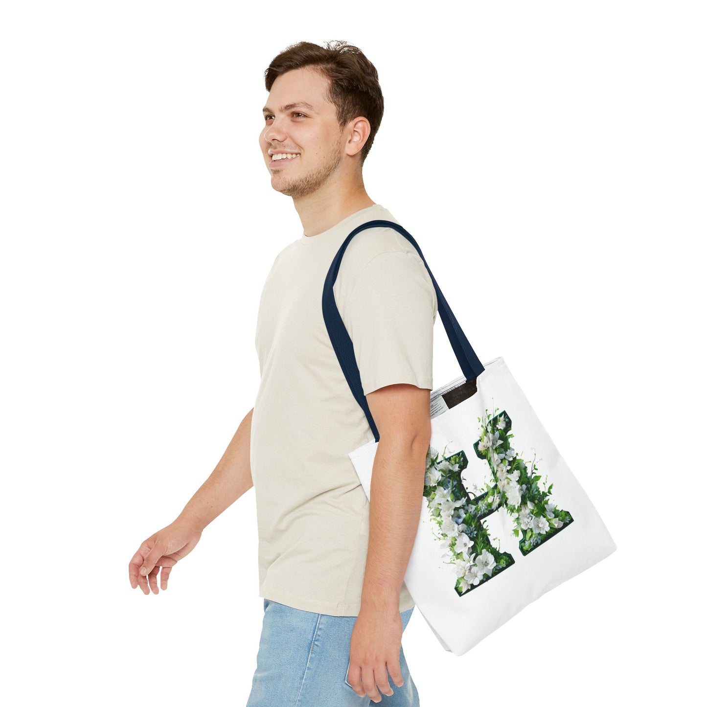 Floral Alphabet 'H' Tote Bag - Green and White Gift for Nature Lovers